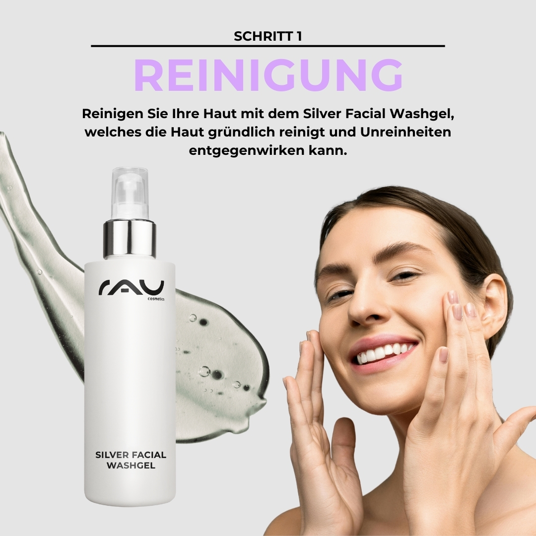 Rutina de cuidados avanzados para pieles grasas con impurezas Silver Facial Washgel von RAU Cosmetics, Frau trägt Reinigungsmittel auf ihr Gesicht auf, wobei der Schwerpunkt auf der Tiefenreinigung fettiger, unreiner Haut liegt, Schritt 1 der erweiterten Hautpflegeroutine.