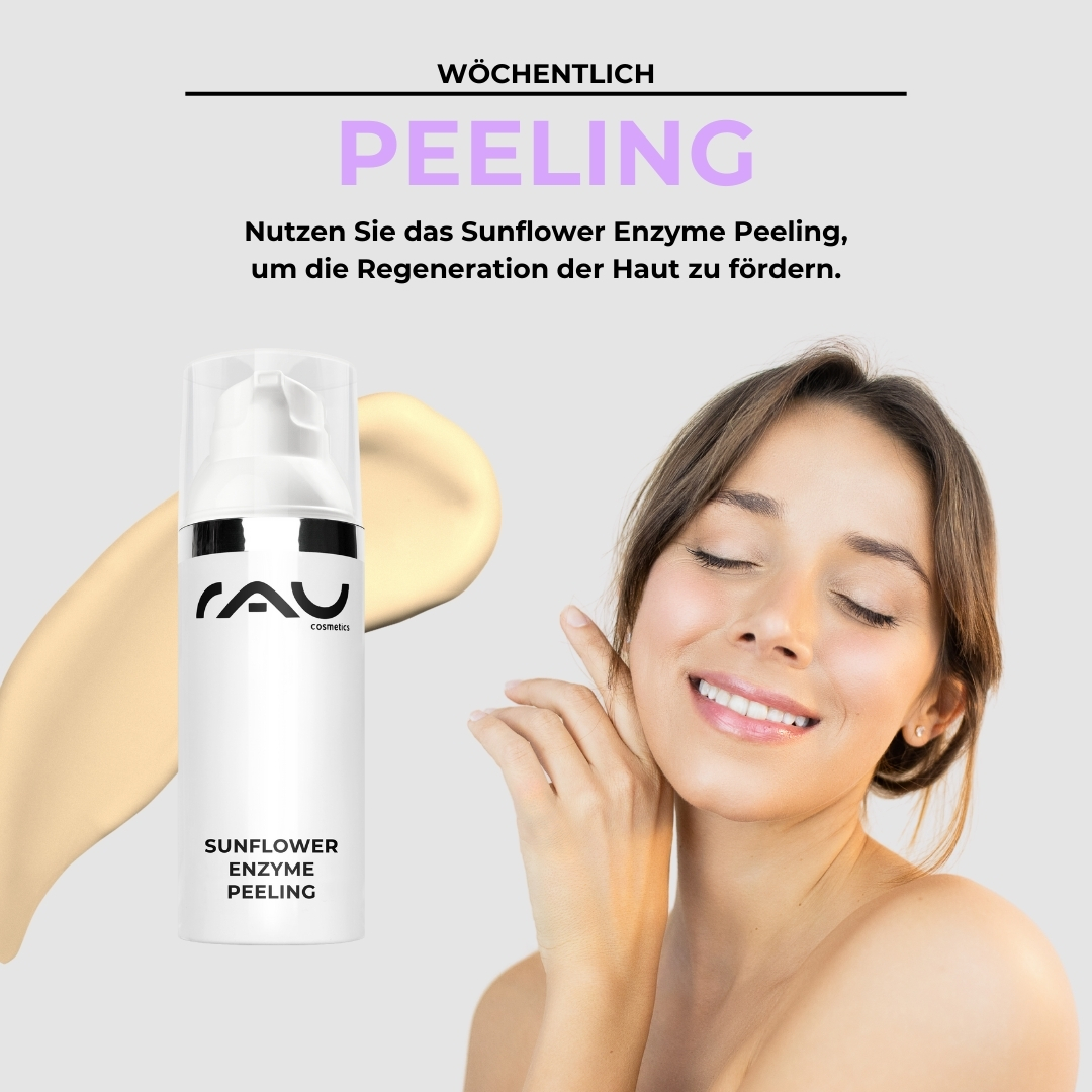 Rutina de cuidado profesional para pieles sensibles Wöchentliches Peeling für sensible Haut mit RAU Sunflower Enzyme Peeling, Anwendungshinweise und Hautregeneration.