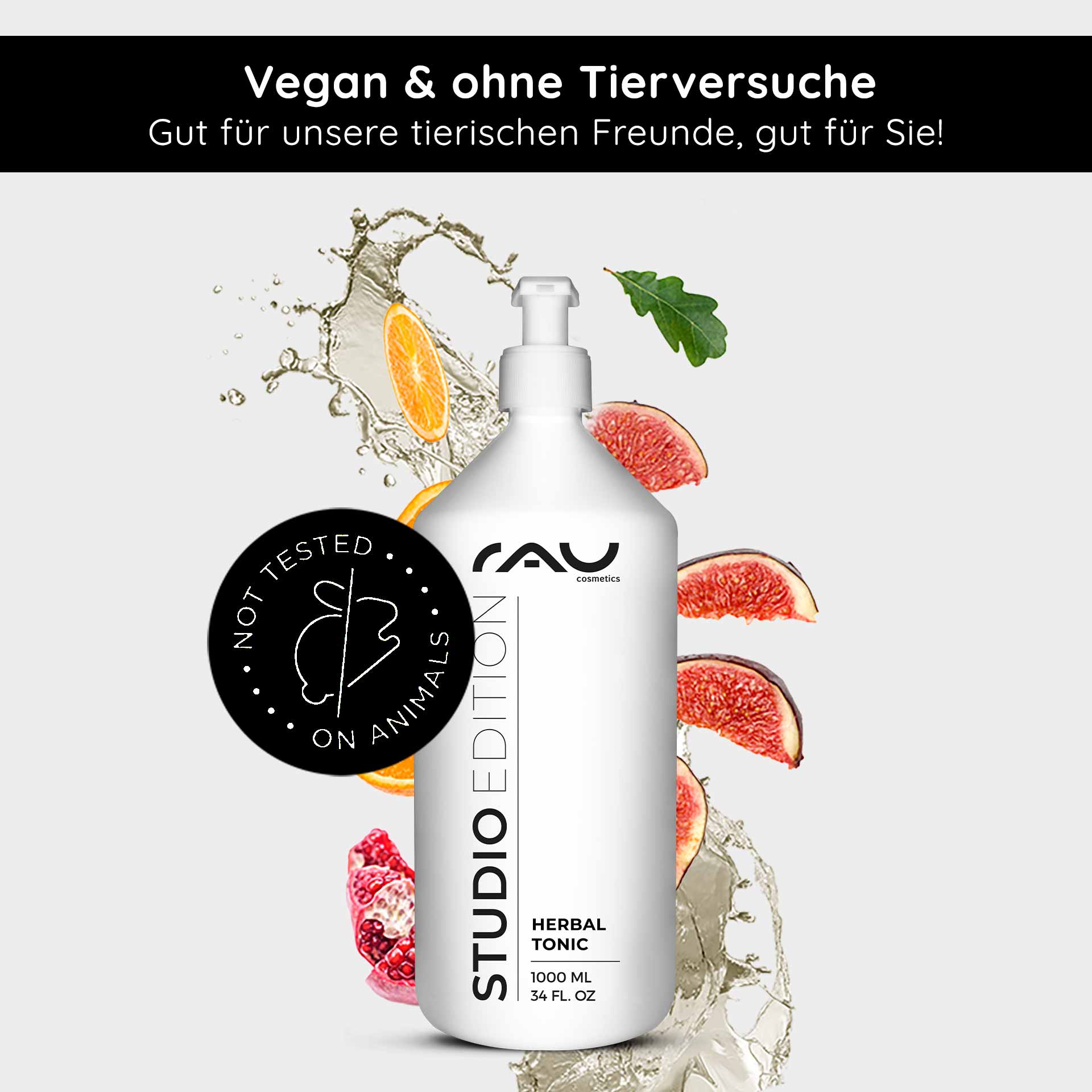 Beyond Herbal Tonic 1000 ml Facial Toner Nature RAU Cosmetics Beyond Herbal Tonic 1000 ml Flasche mit frischen Fruchtelementen und Wasserspritzer, als vegan gekennzeichnet und nicht an Tieren getestet, fördert die natürliche Hautpflege für empfindliche Haut.