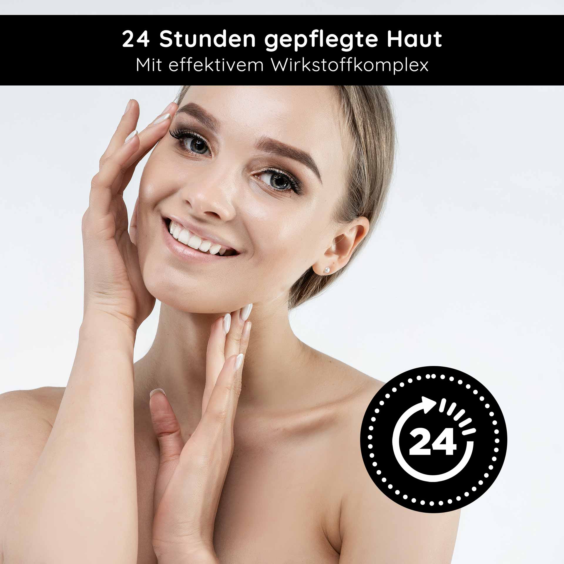 Caviar 24h Cream 50 ml Skin Care with Caviar Extract Frau mit gepflegtem Gesicht und lächelndem Ausdruck, präsentiert 24 Stunden Hautpflege mit effektivem Wirkstoffkomplex, geeignet für RAU Cosmetics Caviar 24h Cream.