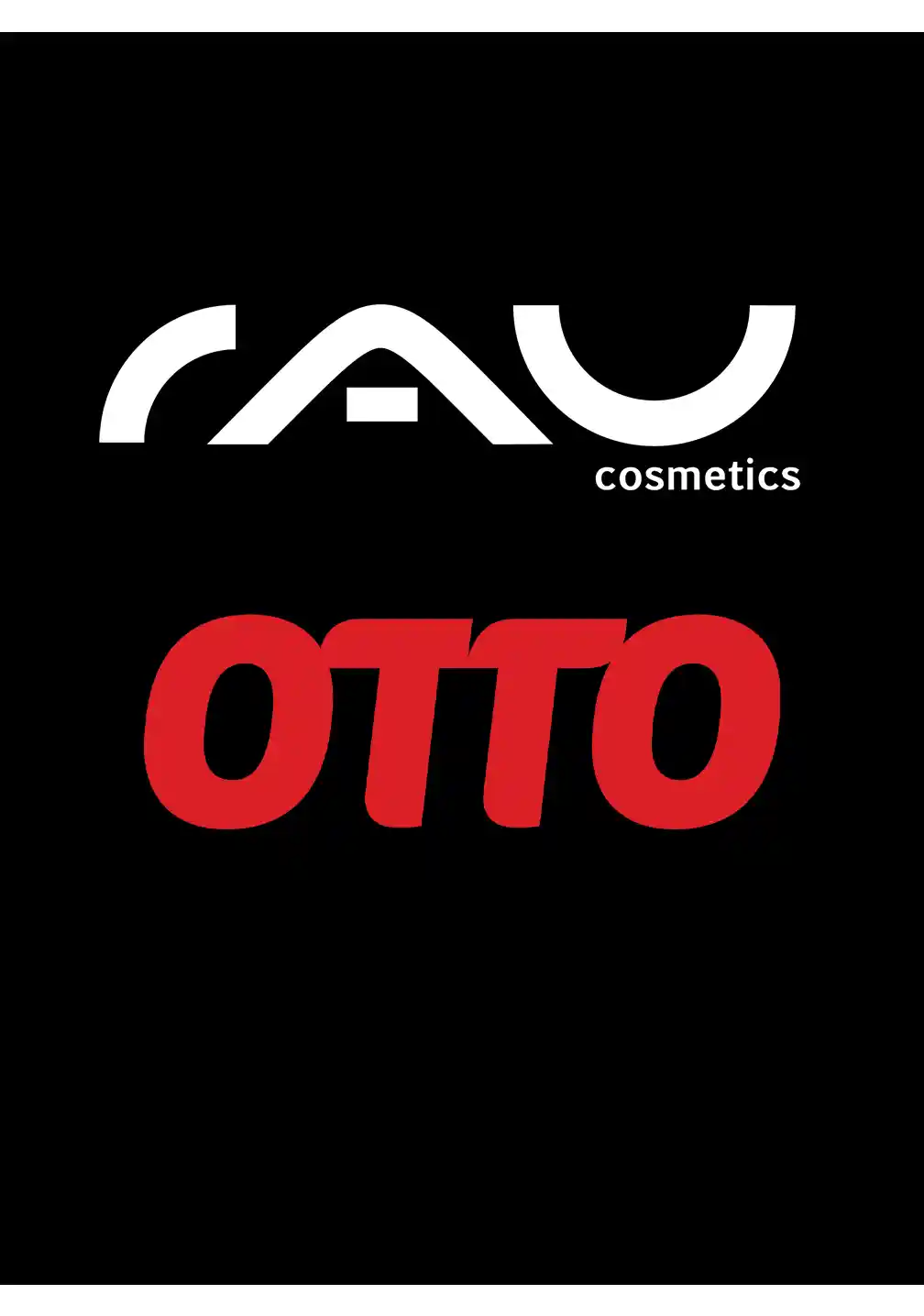 RAU_Cosmetics-OTTO RAU Cosmetics-Logo und OTTO-Branding auf schwarzem Hintergrund, die die Partnerschaft für online erhältliche Hautpflegeprodukte für Männer repräsentieren.