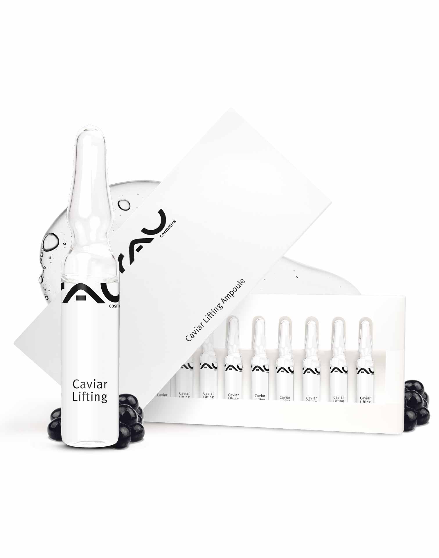 Caviar Lifting Ampullen von RAU Cosmetics, 10x2 ml, Anti-Aging Serum mit Kaviarextrakt, verpackt in einer eleganten Box, umgeben von Kaviarperlen, für straffere und revitalisierte Haut.