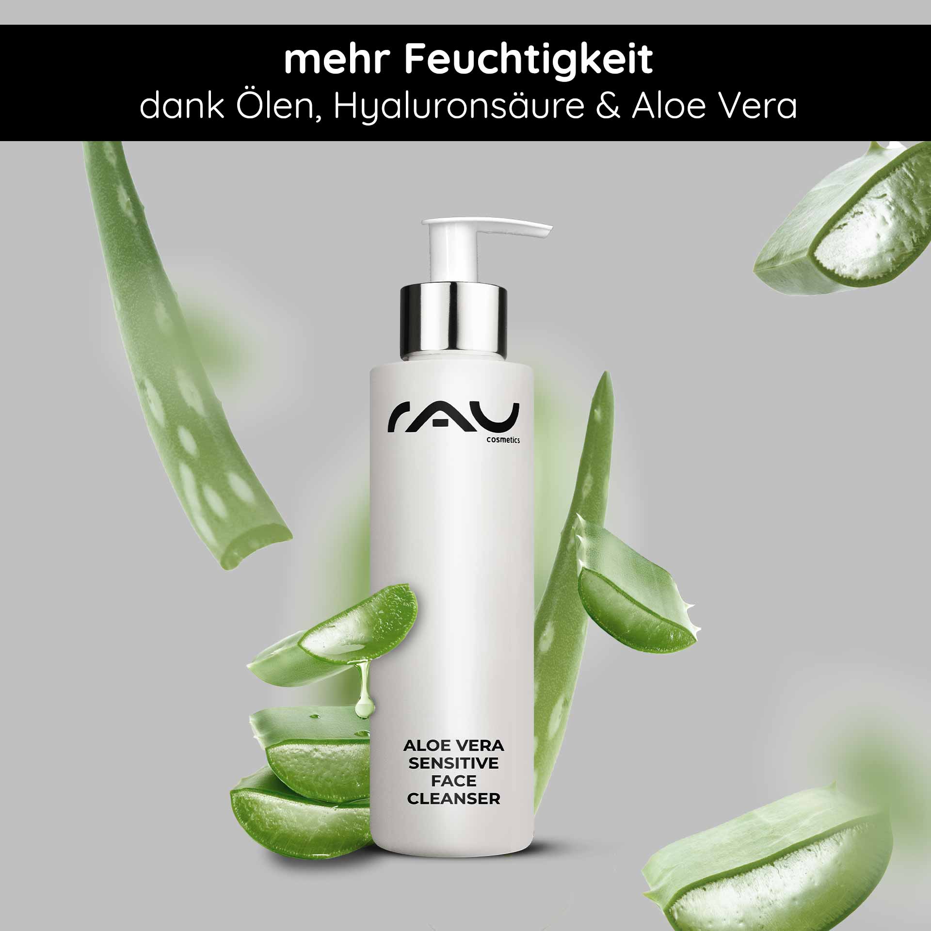 Aloe Vera Sensitive Face Cleanser 200 ml cleanser Flasche des Aloe Vera Sensitive Face Cleanser von RAU Cosmetics, umgeben von frischen Aloe-Vera-Blättern, die die feuchtigkeitsspendende Wirkung mit Ölen, Hyaluronsäure und Aloe Vera hervorheben.