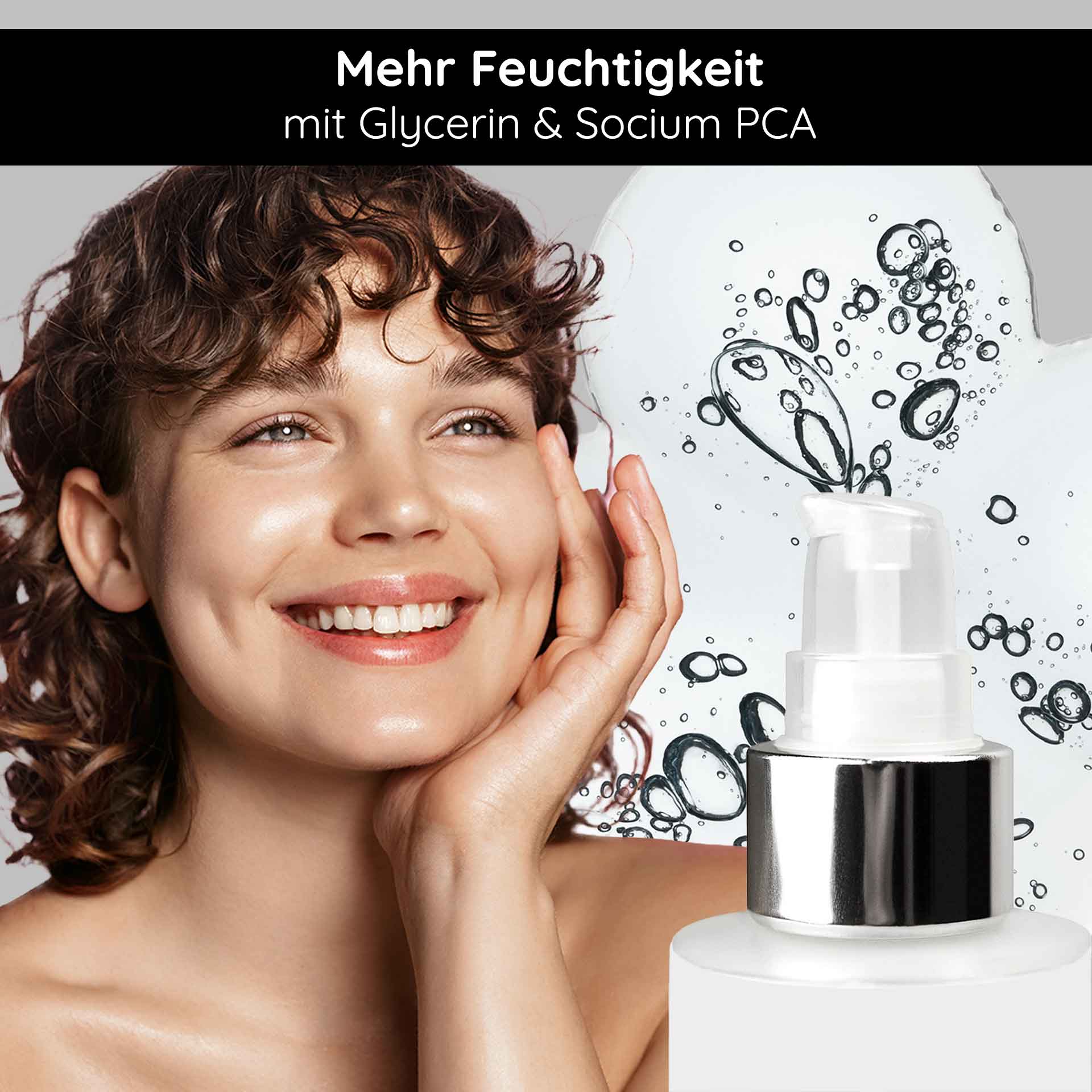 Caviar Serum Minimizador de Poros 100 ml con Extracto de Plancton Lächelnde Frau mit lockigem Haar, die Gesichtspflegeprodukt hält, umgeben von Wasserblasen, betont Feuchtigkeitsvorteile mit Glycerin und Sodium PCA.
