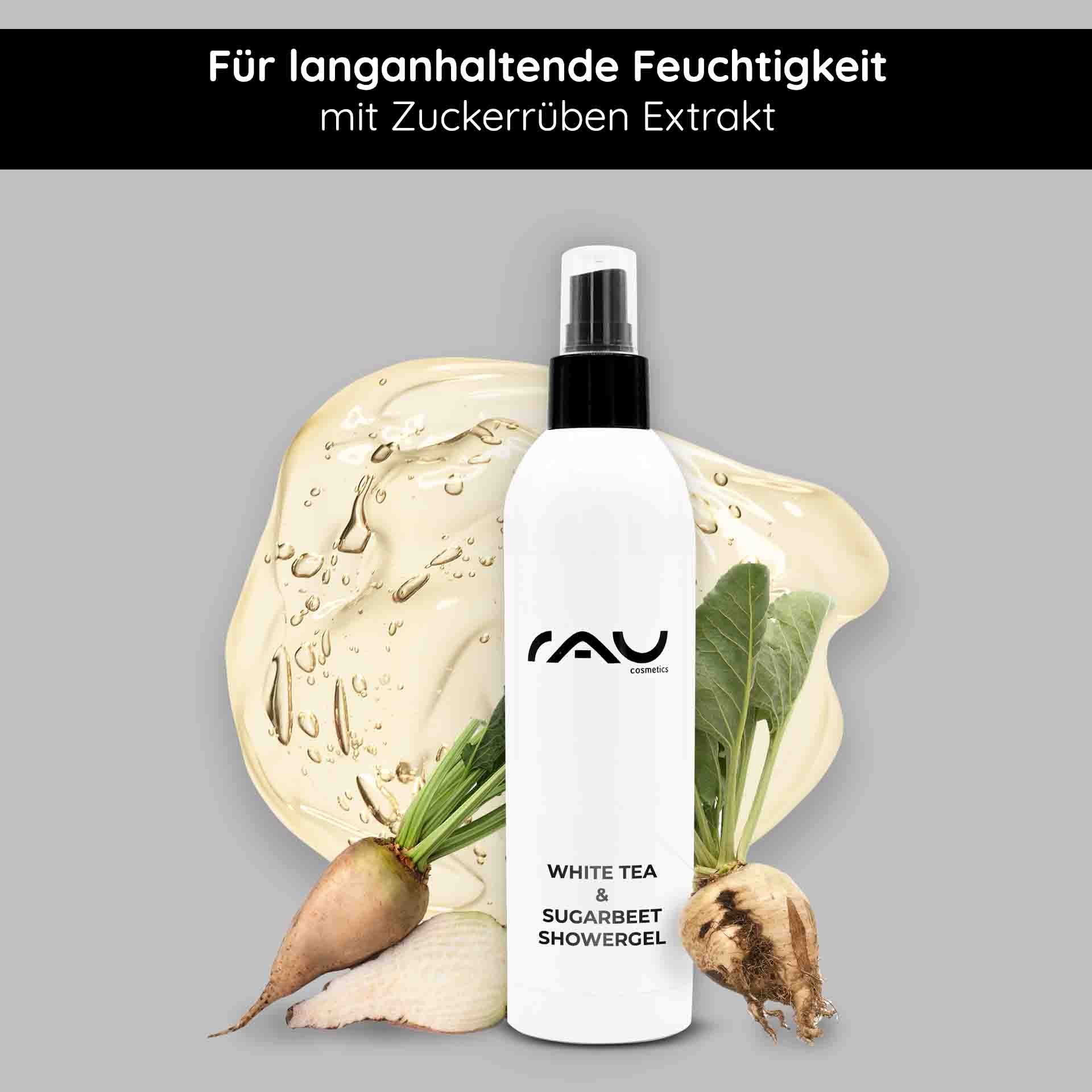 White Tea & Sugar Beet Shower Gel 500 ml shower gel RAU Cosmetics White Tea & Sugar Beet Duschgelflasche mit natürlichen Inhaltsstoffen, mit weißem Tee und Zuckerrübenextrakt, das die Feuchtigkeitsversorgung und sanfte Reinigung fördert.