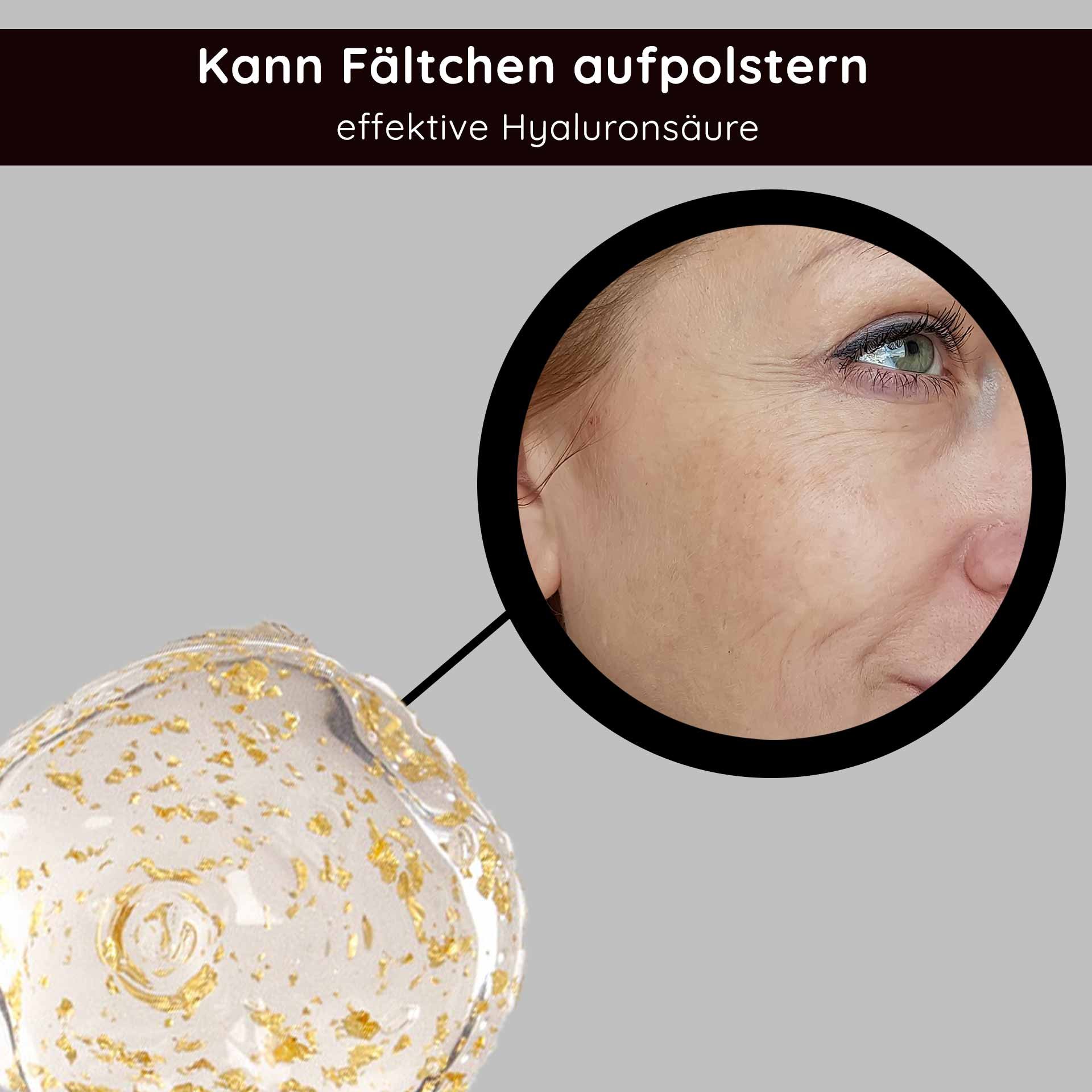 Golden hyaluronic gel with 23 karat gold, highlighting its anti-aging properties and effectiveness in plumping fine lines, alongside a close-up of skin texture improvement.