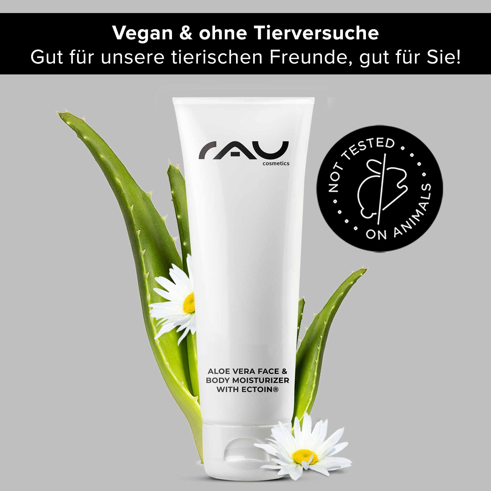 RAU Cosmetics Aloe Vera Face Moisturizer Gel – 75 ml tube with soothing aloe vera and Ectoin® for gentle moisturizing care for sensitive skin.