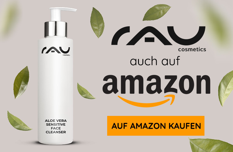 Aloe Vera Sensitive Face Cleanser von RAU Cosmetics mit Pumpe und dekorativen Blättern für vegane Hautpflege.