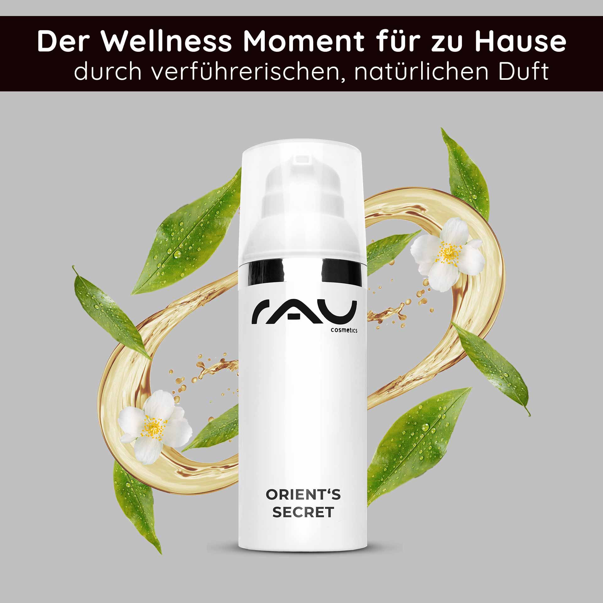 Orient's Secret 50 ml con Amnethyst Powder Flasche der Gesichtscreme Orient‘s Secret von RAU Cosmetics mit Blumen- und Blattelementen, die die natürlichen Inhaltsstoffe und die feuchtigkeitsspendende Wirkung hervorhebt.