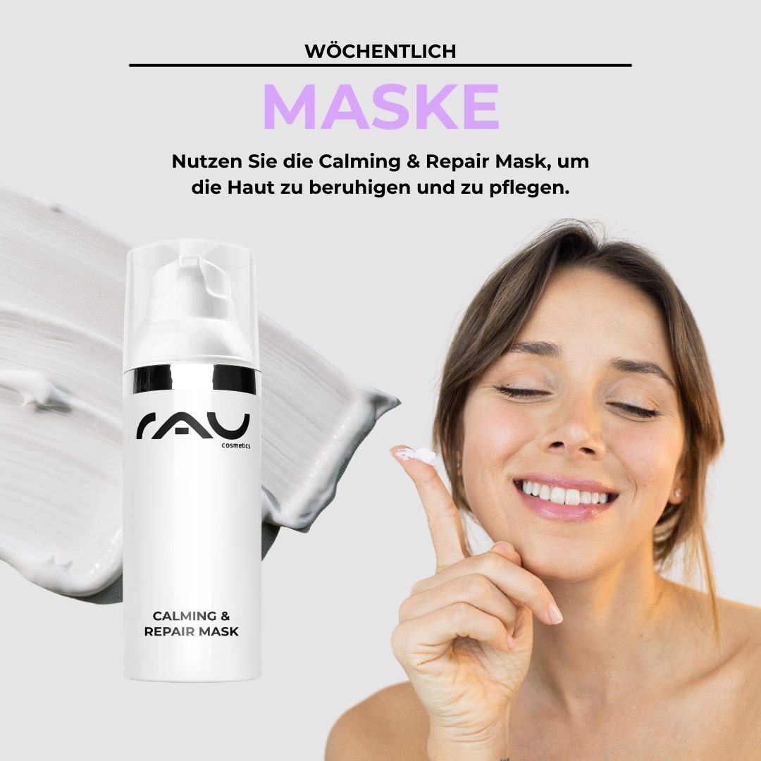 Rutina de cuidado profesional para pieles sensibles Calming & Repair Mask von RAU Cosmetics, Frau lächelt und cremt sich ein, Hautpflegeroutine für empfindliche Haut.