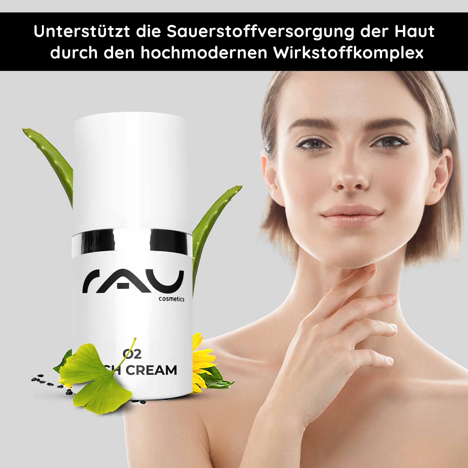 RAU O2 Rich Cream 15 ml - Reichhaltige Nachtcreme bei trockener Haut mit Gingko - Reisegrösse Face, Head, Person, Bottle