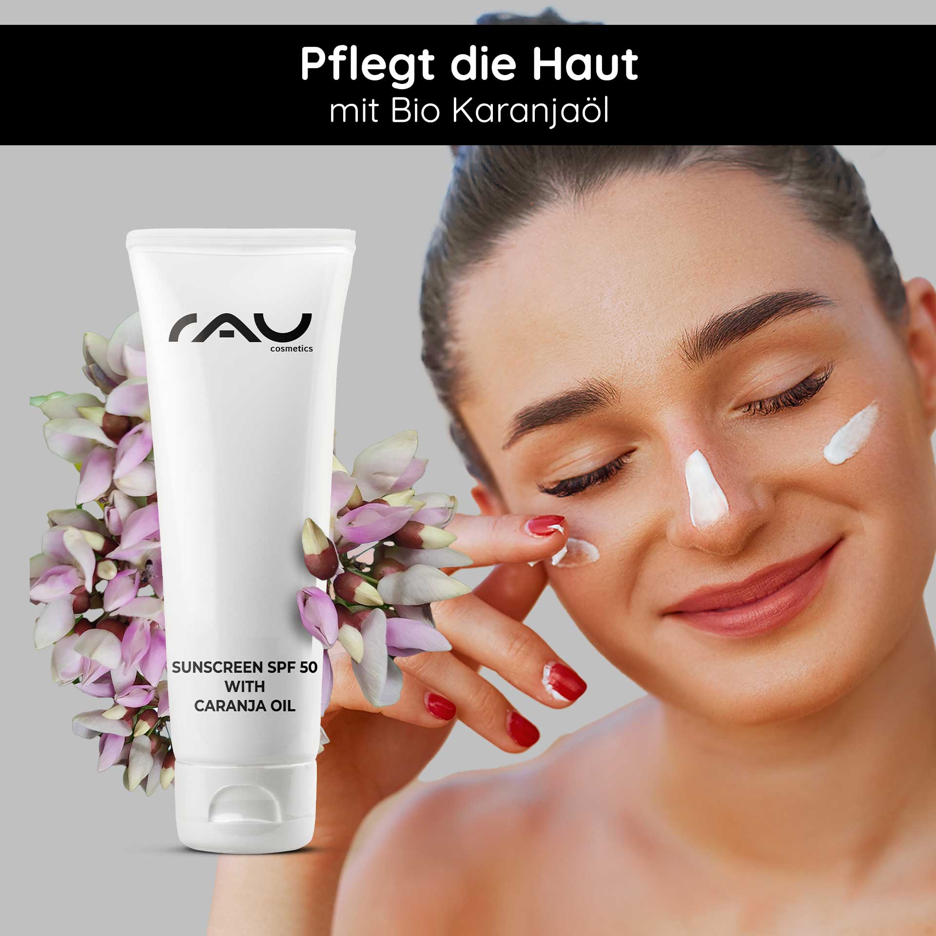 Sunscreen SPF 50 with Organic Karanja Oil 75 ml - Sunscreen Sonnenschutz SPF 50 von RAU Cosmetics mit Bio Karanjaöl, Person trägt Creme auf das Gesicht auf, umgeben von Blüten.