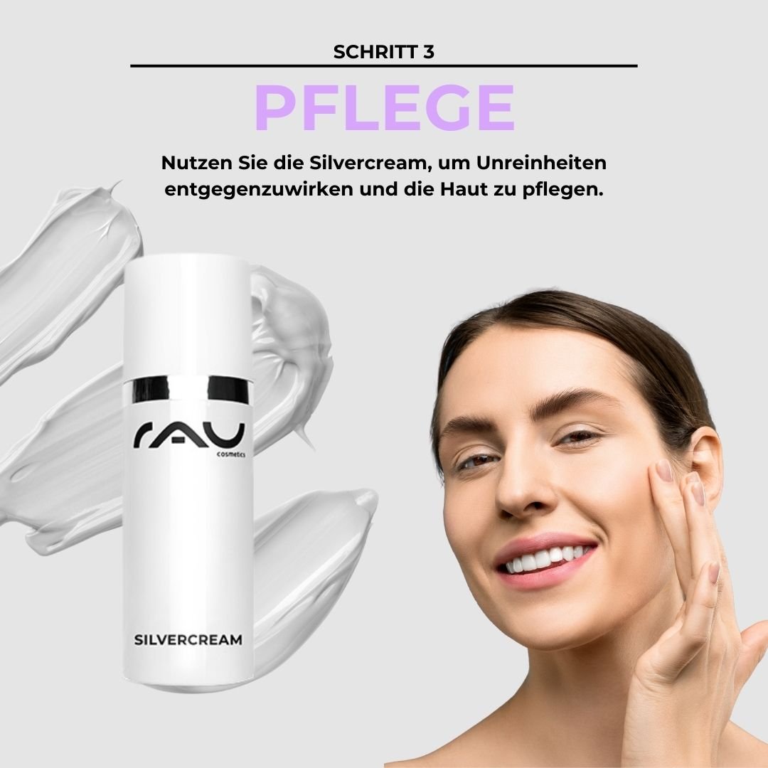 Woman with a well-groomed face and RAU Silvercream, demonstrating skincare for impure skin, with application instructions.