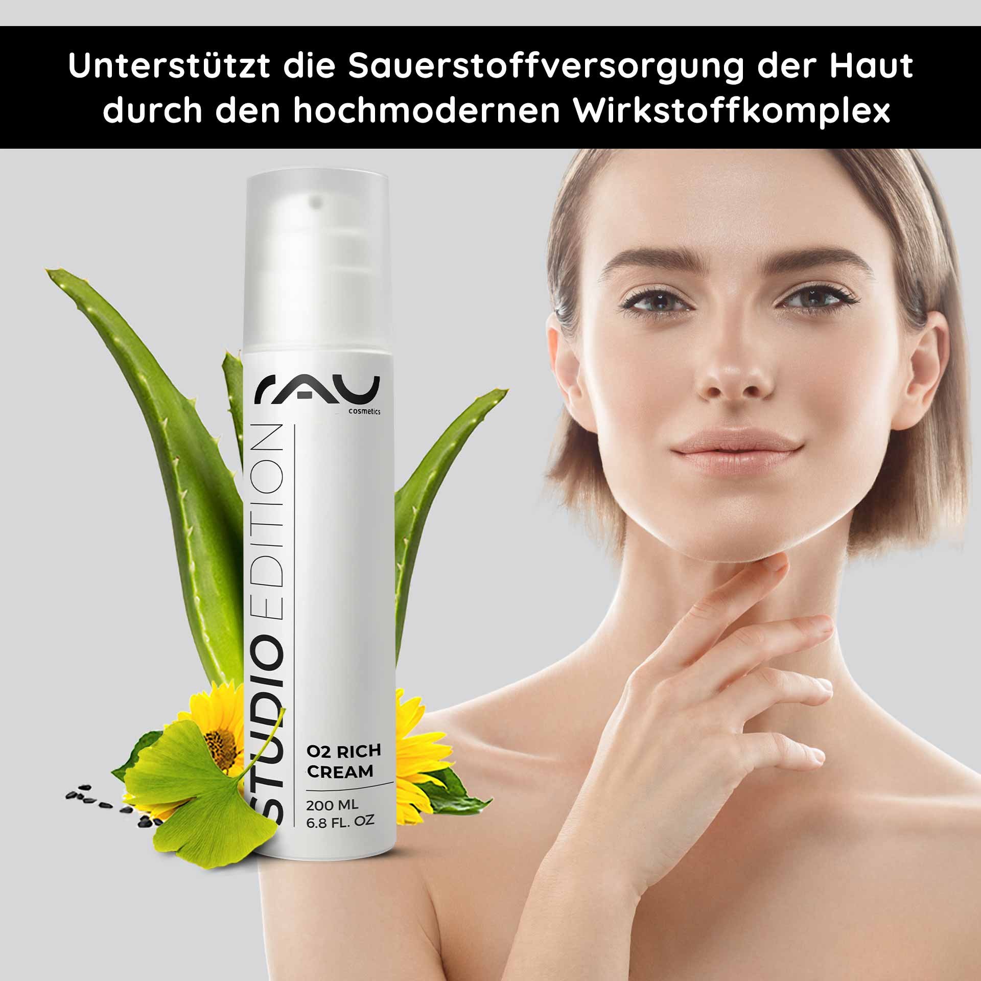 Frasco de O2 Rich Cream de RAU Cosmetics con elementos de aloe vera y girasol, una mujer presenta una piel sana, promoviendo la hidratación y el rejuvenecimiento de la piel.