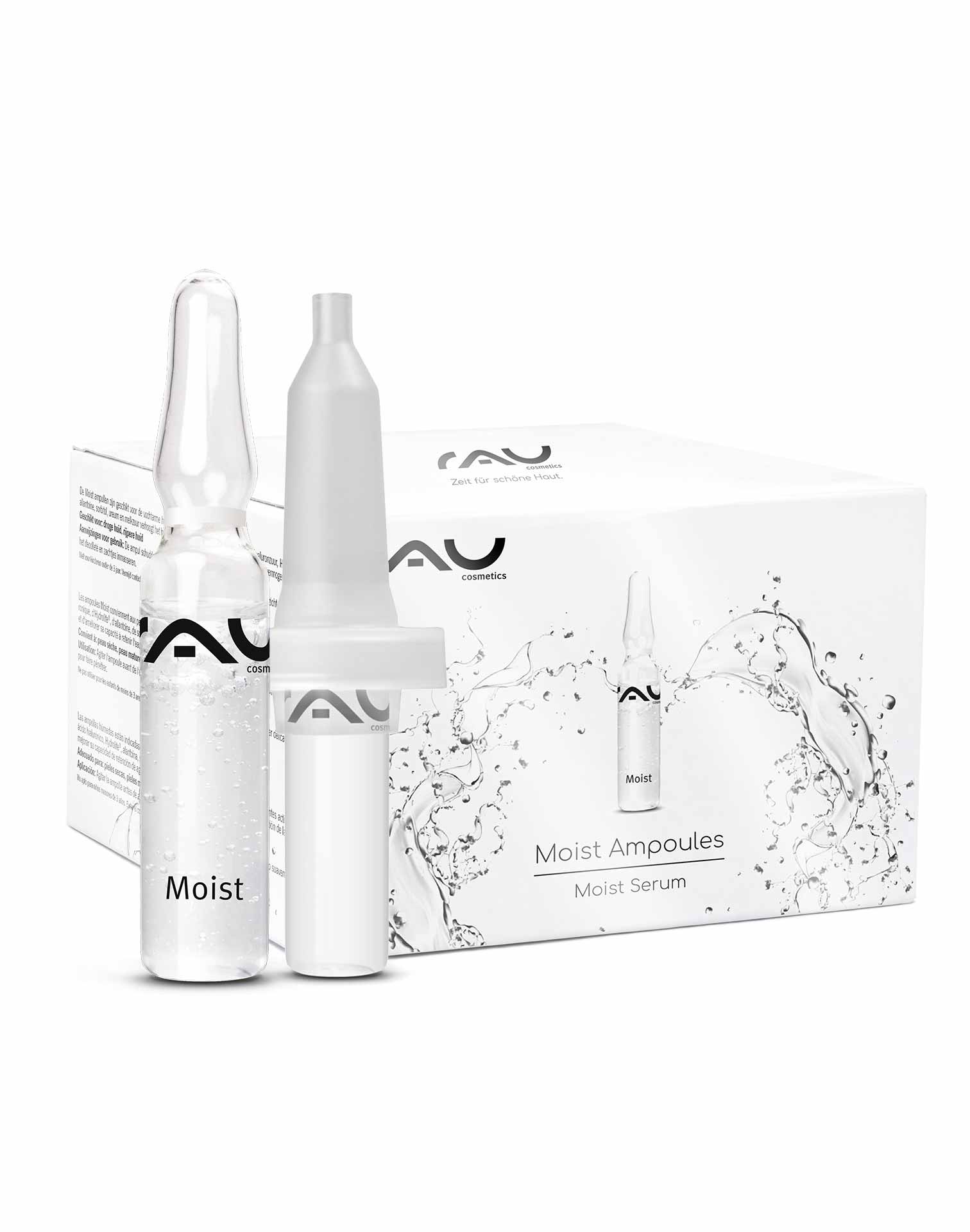 Ampollas húmedas 7x2 ml incl. aplicador Hyaluron Booster RAU Cosmetics Moist Ampullen-Verpackung mit einer durchsichtigen Ampulle und einem Applikator, mit feuchtigkeitsspendendem Serum für trockene und reife Haut.