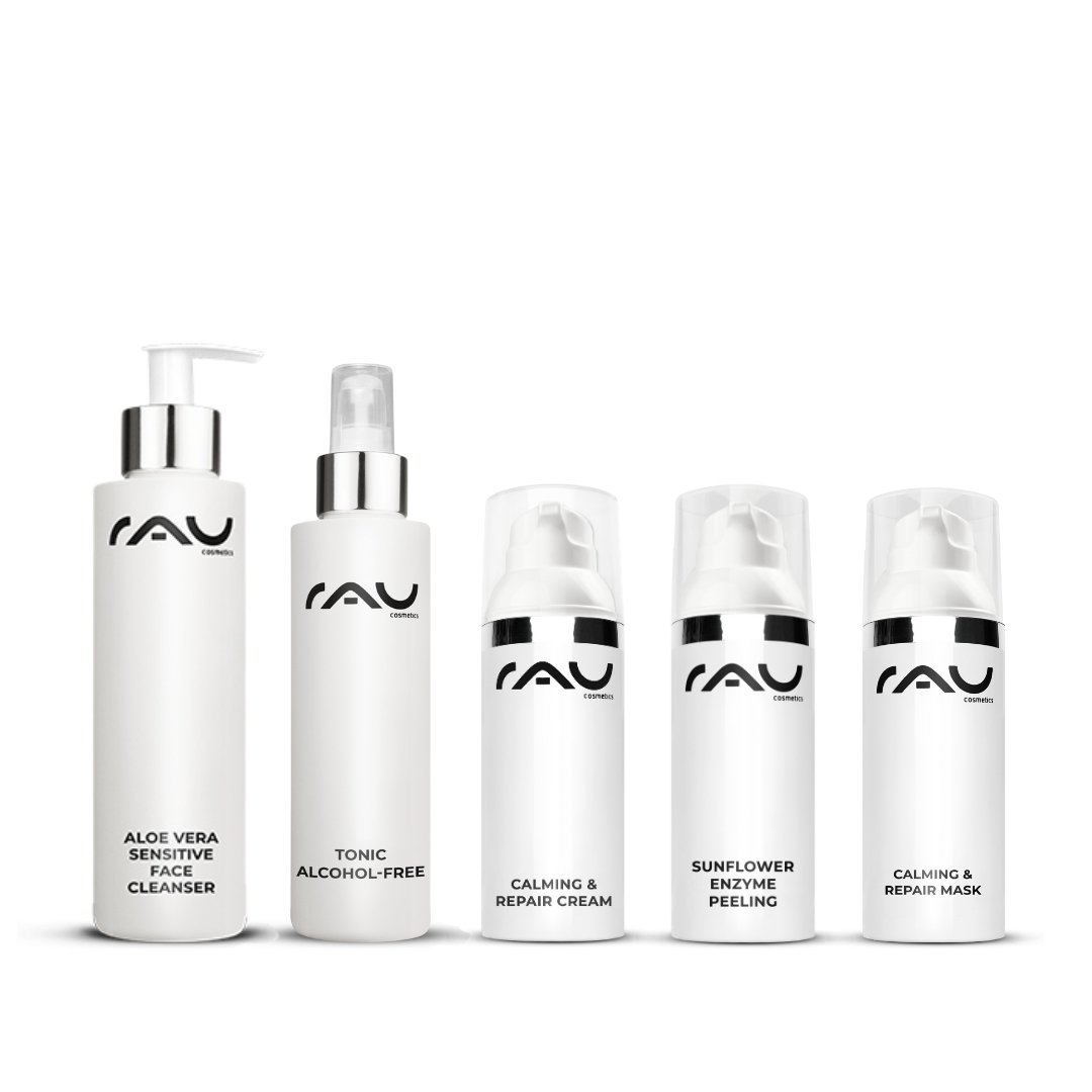 Profi Pflegeroutine für sensible Haut von RAU Cosmetics, bestehend aus sanfter Reinigungsmilch, alkoholfreiem Tonic, regenerierender Creme, enzymatischem Peeling und beruhigender Gesichtsmaske.