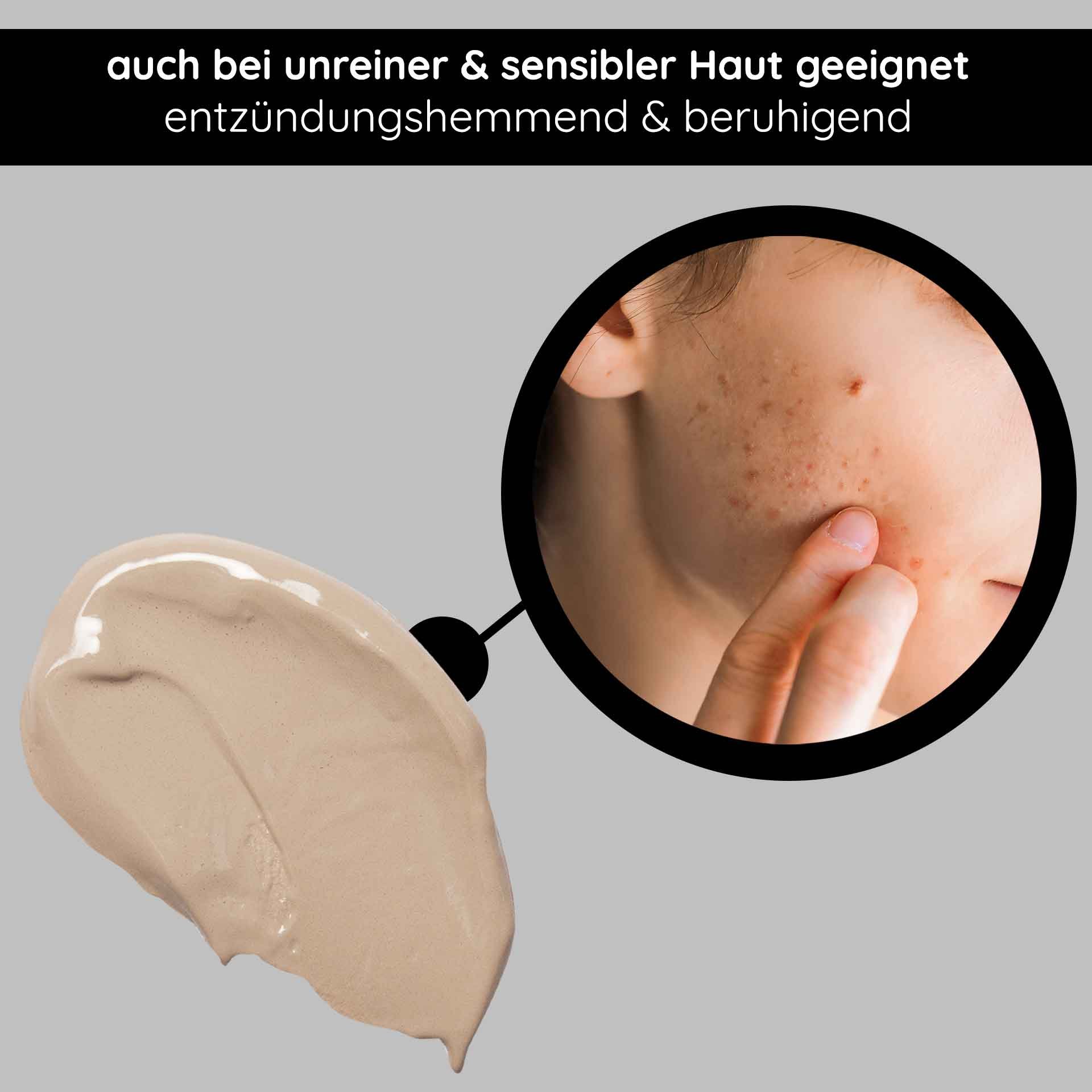 BB-Creme-Muster in hellem Farbton mit Nahaufnahme einer Hand, die sie auf empfindliche Haut aufträgt. Dabei wird ihre Eignung für unreine und empfindliche Haut sowie ihre beruhigenden und entzündungshemmenden Eigenschaften hervorgehoben.