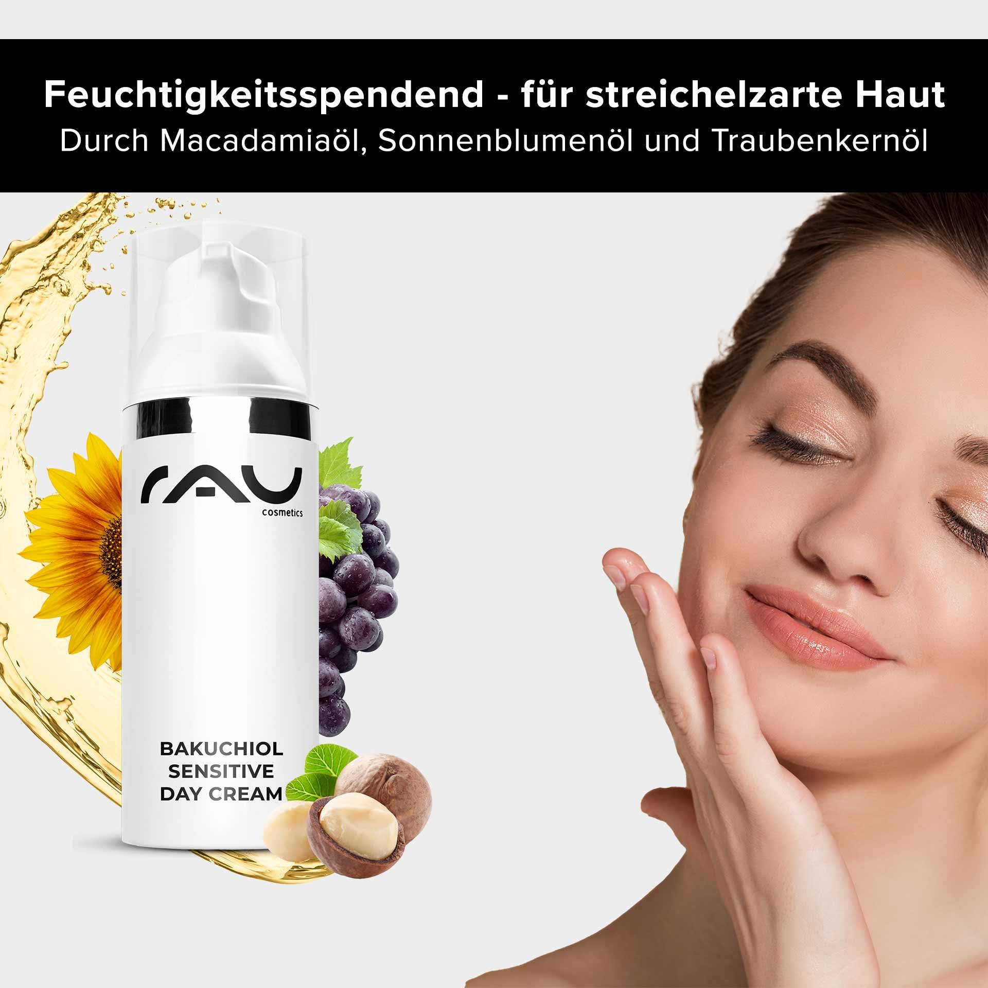RAU Bakuchiol Day Cream Textur auf Haut, leichte nicht fettende Konsistenz