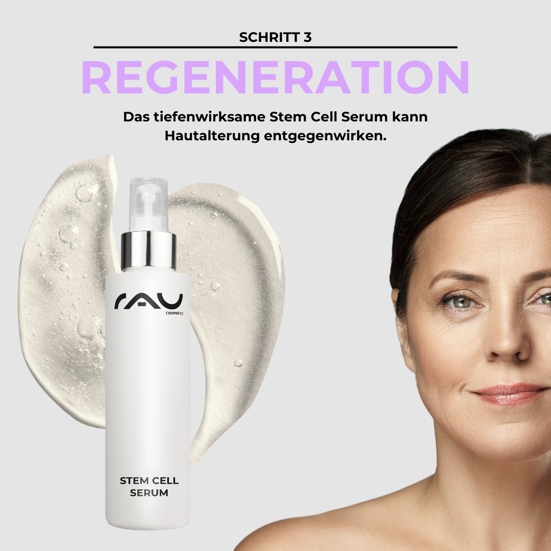 RAU Cosmetics Stem Cell Serum für reife Haut, vorgestellt mit einem Model, das einen jugendlichen Teint zeigt und die Anti-Aging-Vorteile und die Hautregeneration betont.