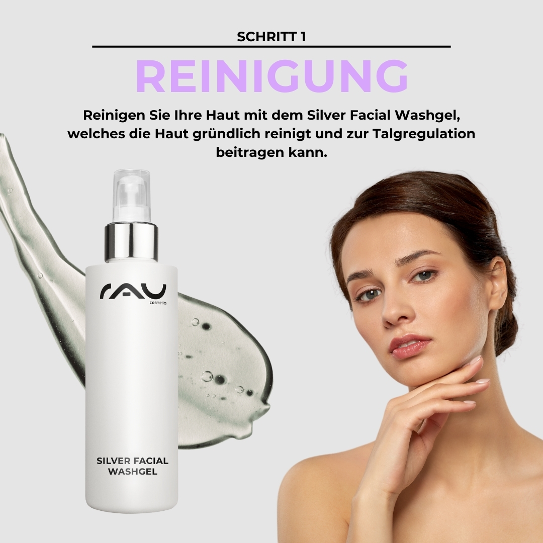 Basic care routine for combination skin Frau mit sanfter Haut, präsentiert RAU Silver Facial Washgel, betont Reinigung und Talregulation für Mischhaut.