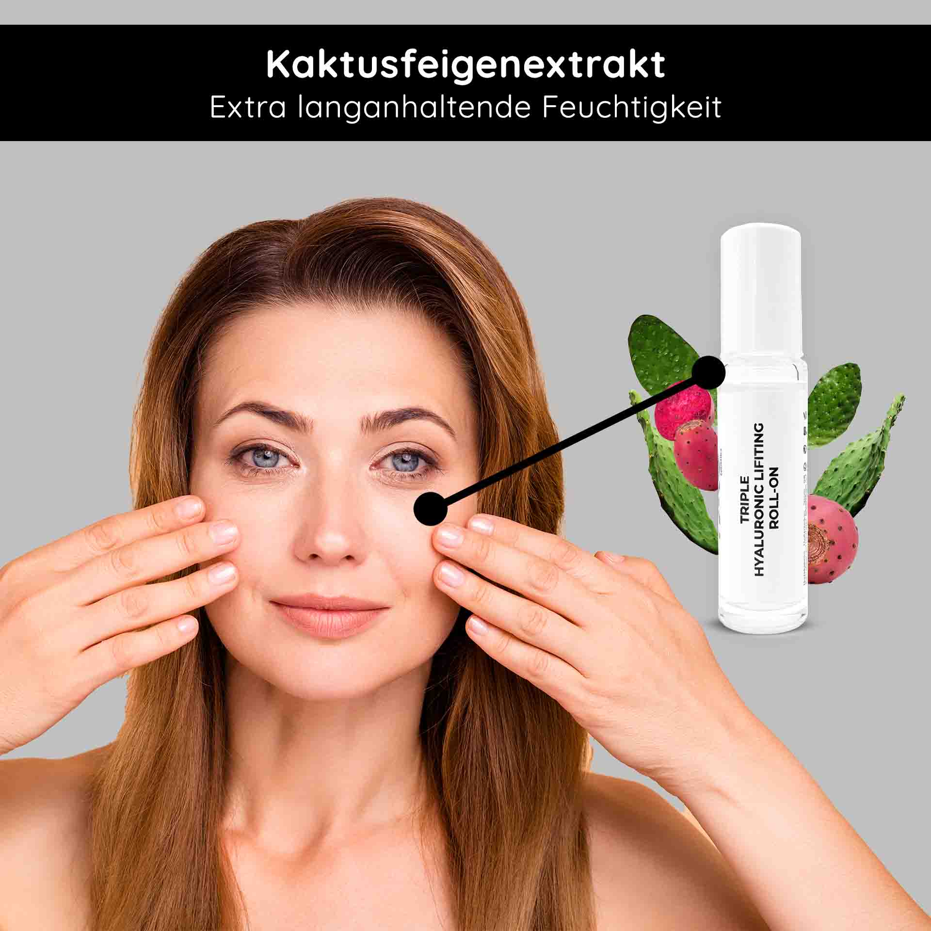 Ampollas de Higo chumbo 10x2 ml 3 veces Ácidos Hialurónicos Frau mit glatter Haut, die Triple Hyaluronic Lifting Roll-On auf das Gesicht aufträgt, um extra langanhaltende Feuchtigkeit und Anti-Aging-Effekte mit Kaktusfeigenextrakt zu erzielen.
