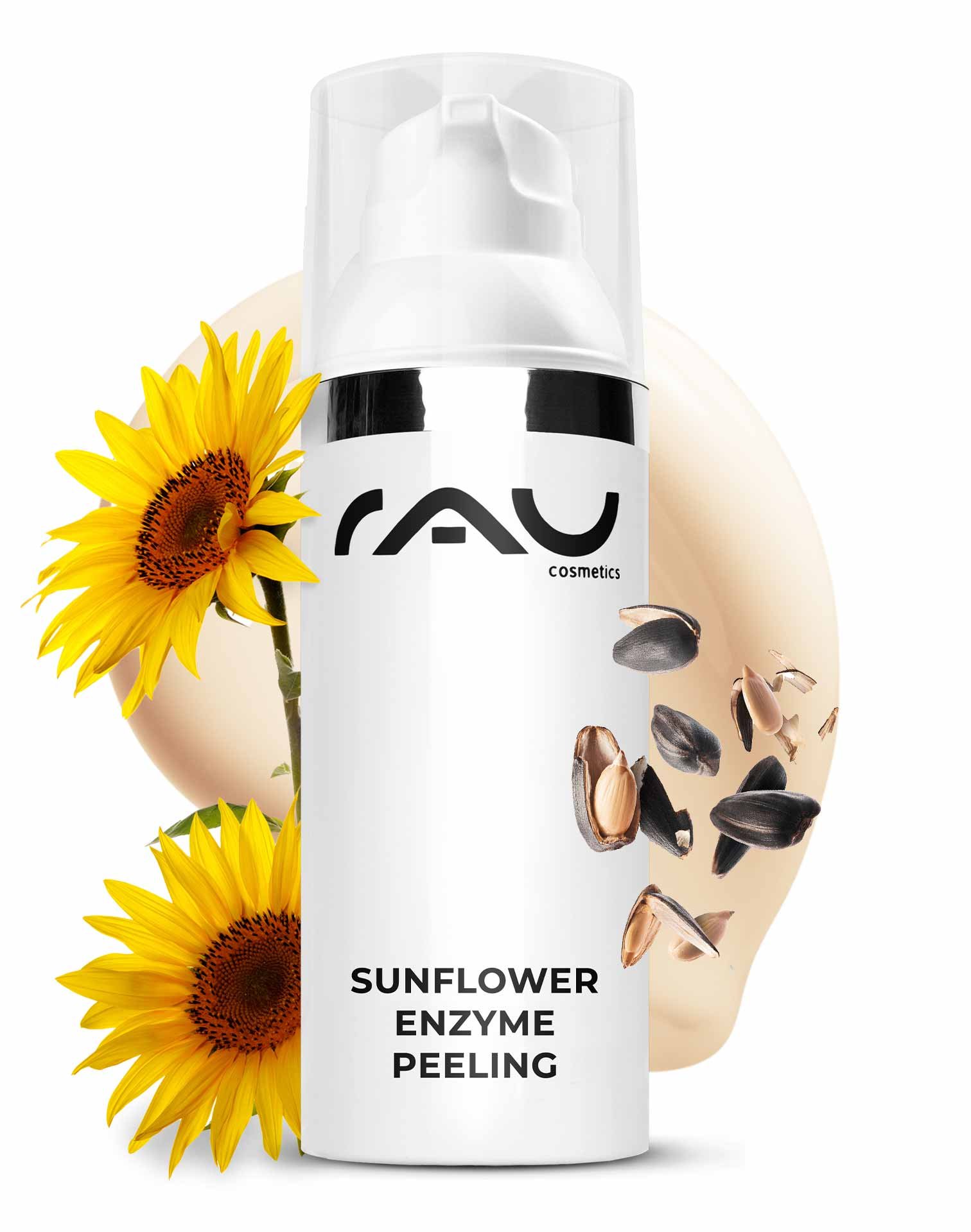 Envase de exfoliante enzimático de girasol con flores de girasol que resaltan el nombre del producto y los beneficios de la exfoliación enzimática para pieles sensibles.
