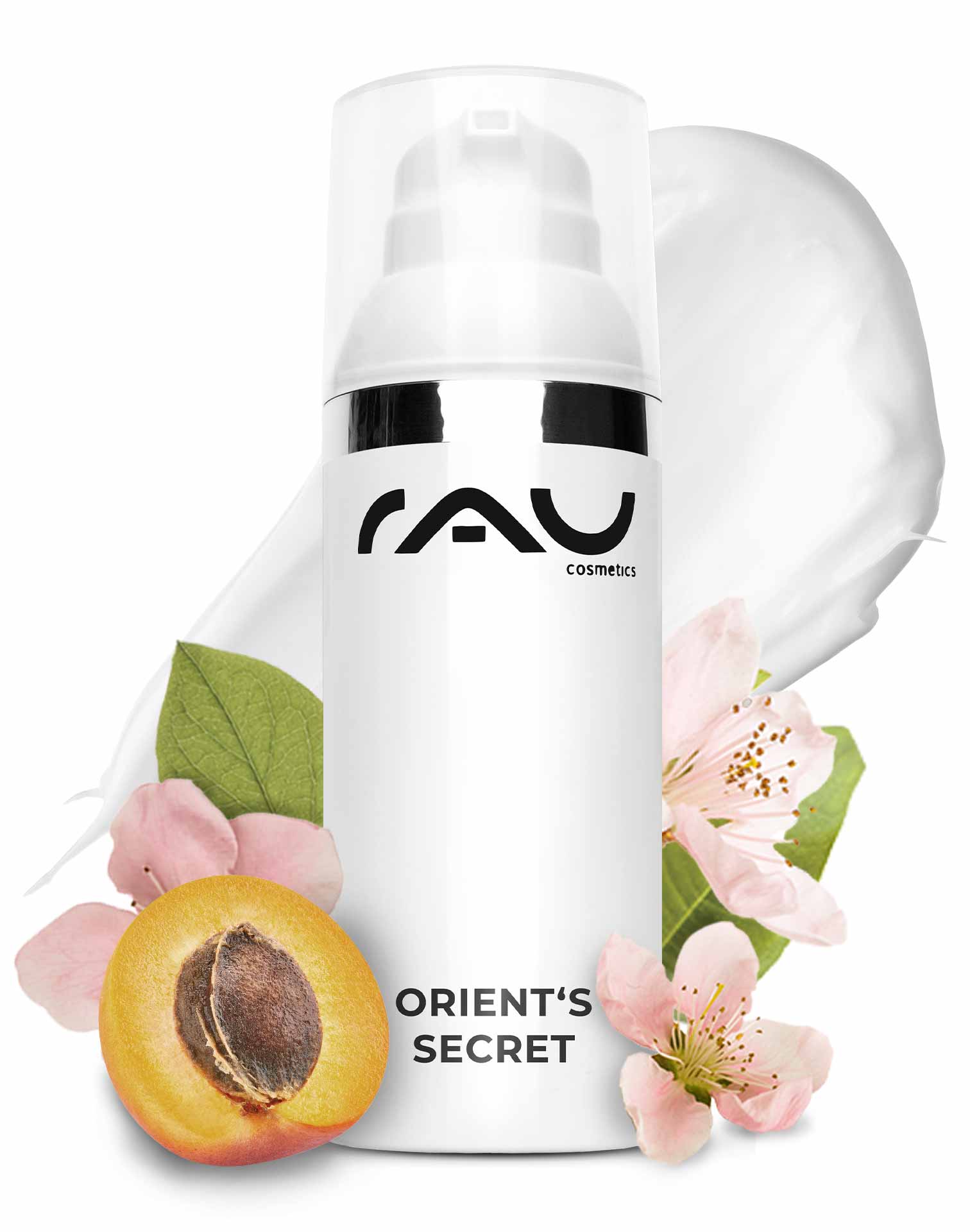 Orient's Secret 50 ml con Amnethyst Powder RAU Cosmetics Orient's Secret Gesichtscremeflasche mit floralen Elementen und Pfirsich, fördert die Hautelastizität und Feuchtigkeitsversorgung für alle Hauttypen.