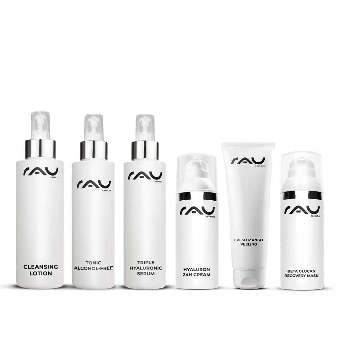 Set de cuidado RAU Cosmetics para piel seca con limpiador, tónico, sérum de hialurón y crema 24h.