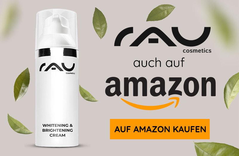 Die Whitening & Brightening Cream von RAU Cosmetics in einer eleganten weißen Verpackung mit schwarzen Akzenten fördert einen gleichmäßigen Hautton.