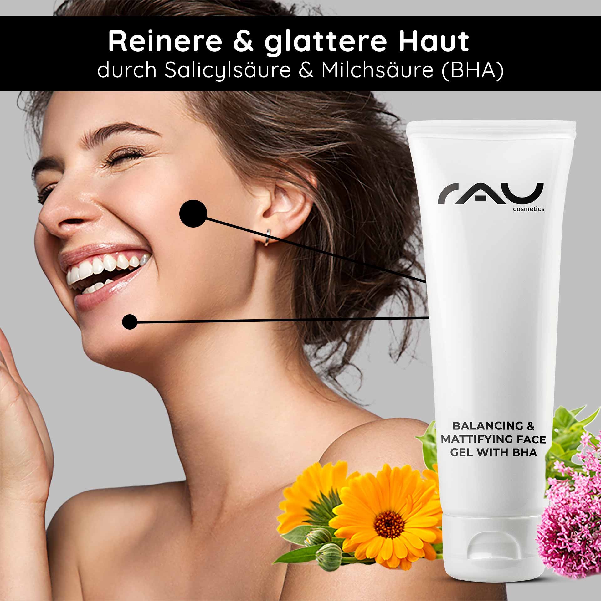 Mujer con una sonrisa radiante y piel suave, presentando el Gel Equilibrante y Matificante RAU con BHA, rodeada de motivos vegetales que enfatizan los ingredientes naturales.