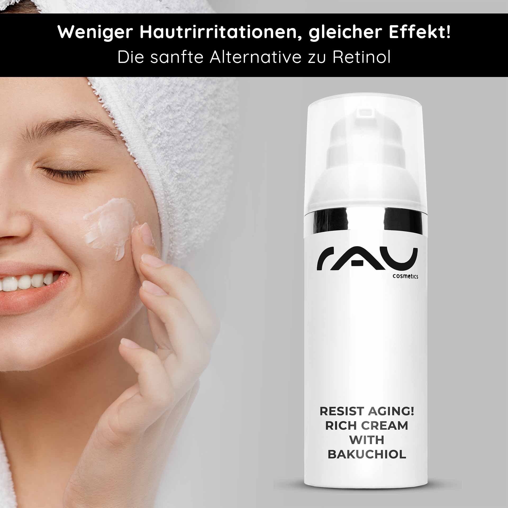 Frau mit Hand auf Wange, die RAU Cosmetics Resist Aging Rich Cream mit Bakuchiol aufträgt, betont sanfte Alternative zu Retinol für Hautpflege und Anti-Aging.
