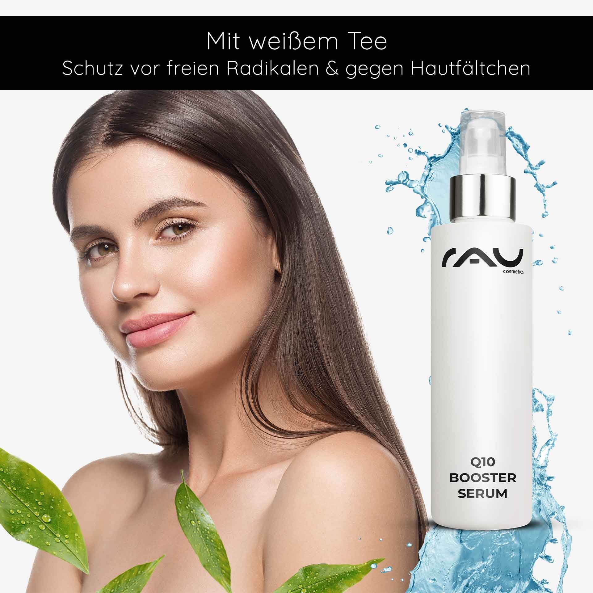 Woman with radiant skin and RAU Cosmetics Q10 Booster Serum, surrounded by green leaves and water drops, emphasizing the moisturizing and anti-aging properties of the product with hyaluronic acid and white tea.