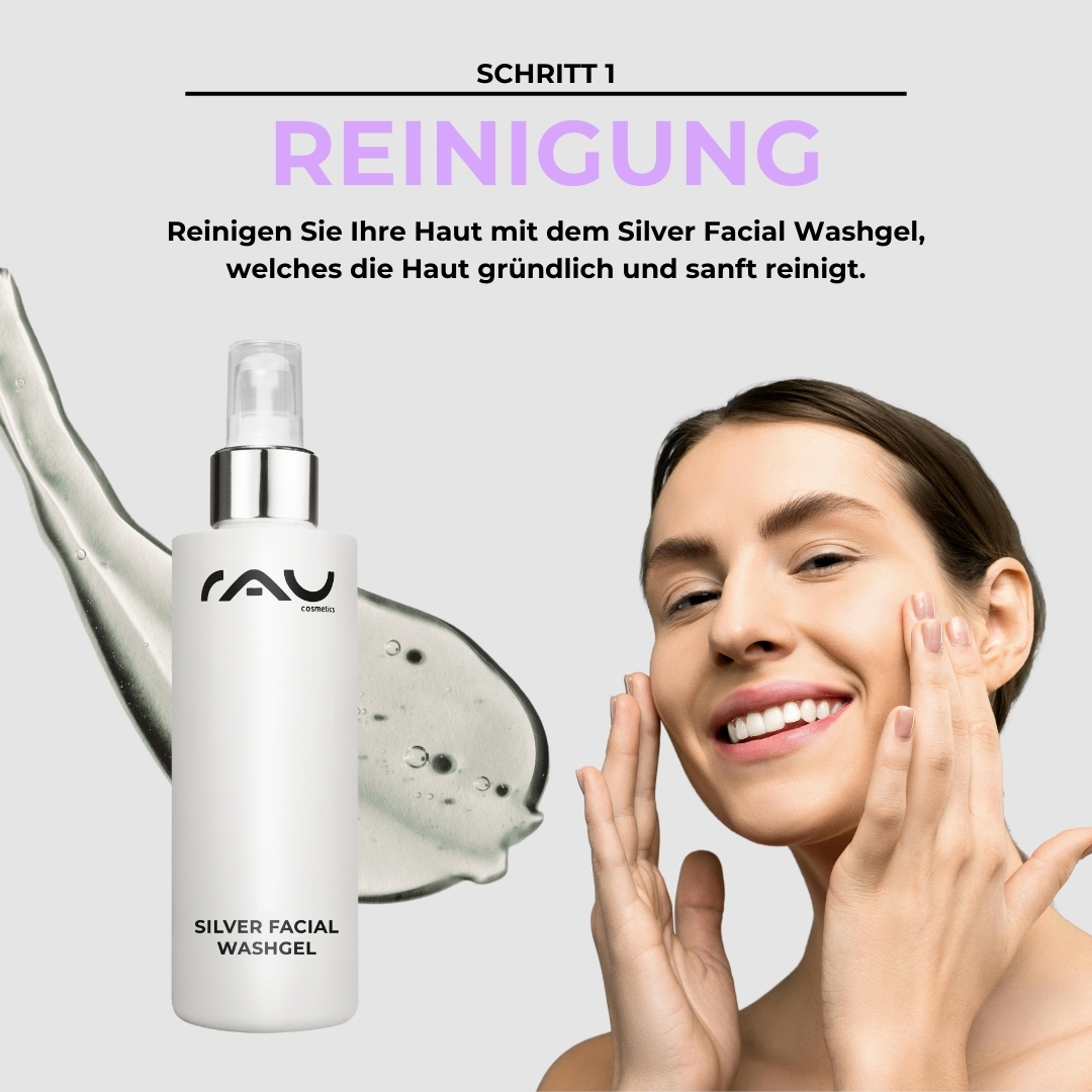 Professional care routine for couperose Frau mit strahlendem Lächeln und sanfter Berührung des Gesichts, hält das RAU Cosmetics Silver Facial Washgel, umgeben von einem transparenten Reinigungsgel, Schritt 1 der Profi Pflegeroutine für Couperose.
