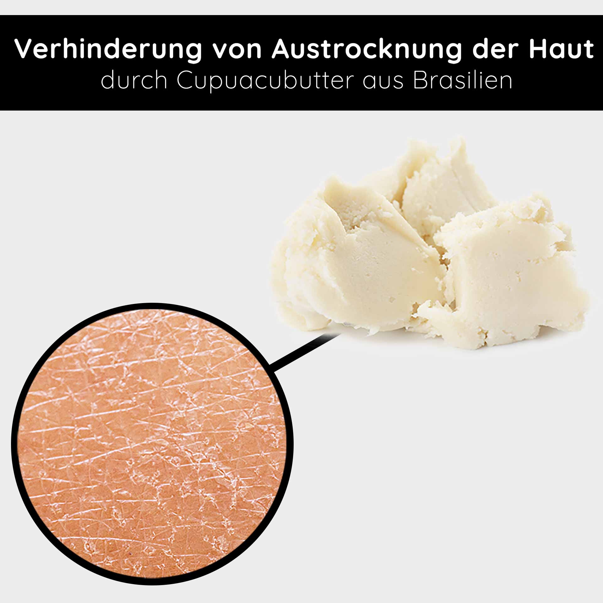 Beyond Crema Hidratante 24h 50 ml Cosmética Natural Crema Cupuacu-Butter aus Brasilien beugt trockener Haut vor, mit Nahaufnahme der trockenen Hautstruktur.