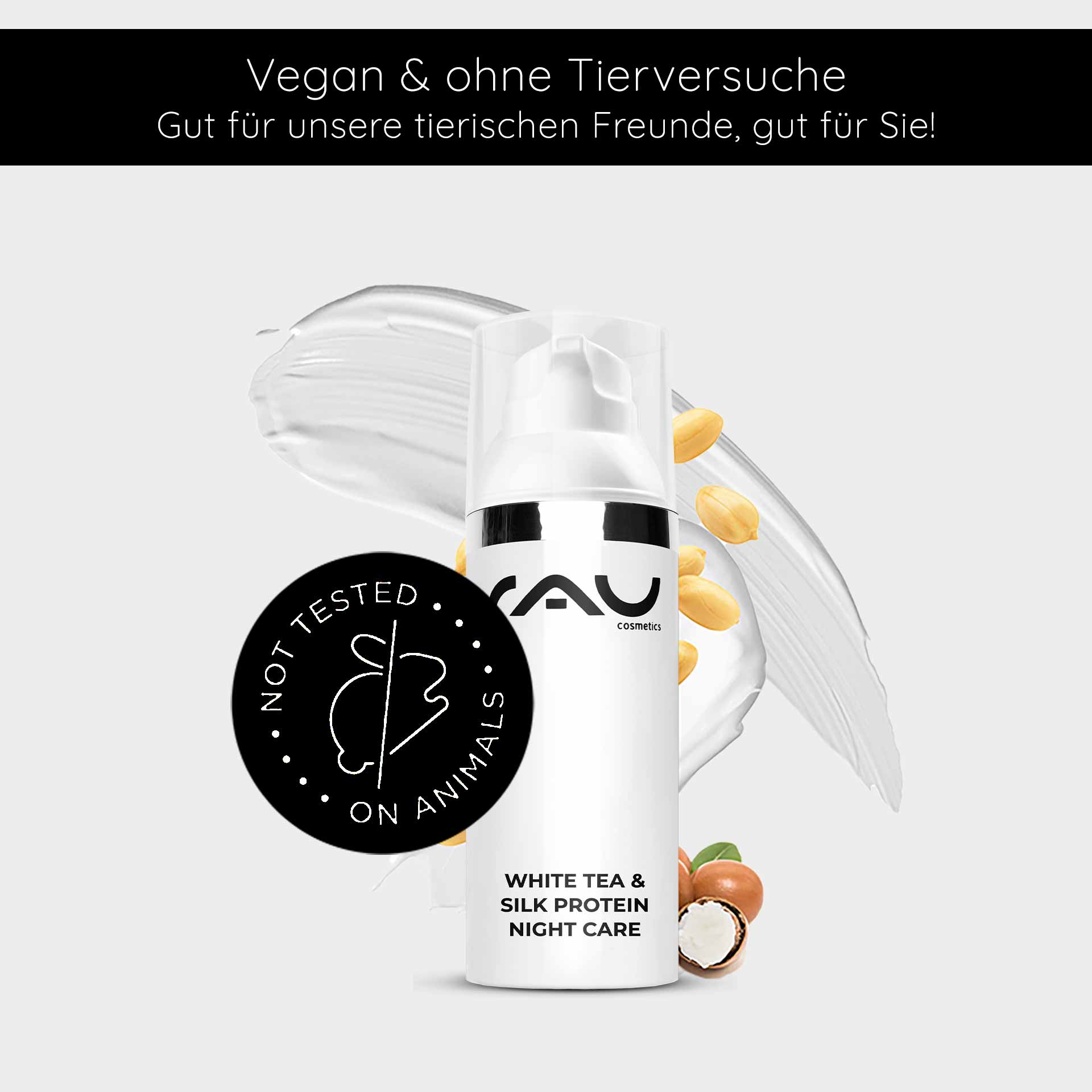 White Tea & Silk Protein Night Care 50 ml night cream RAU Cosmetics White Tea & Silk Protein Nachtpflegecreme in einer eleganten Flasche mit dem Logo „Nicht an Tieren getestet“ und einem Hintergrund aus cremiger Textur und Nüssen, der die vegane Hautpflege für die Feuchtigkeitsversorgung und Regeneration im