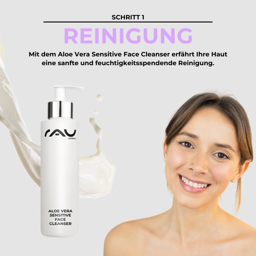 Rutina de cuidados básicos para pieles sensibles Aloe Vera Sensitive Face Cleanser von RAU Cosmetics mit einer lächelnden Frau, die die sanfte und feuchtigkeitsspendende Reinigung für empfindliche Haut hervorhebt.