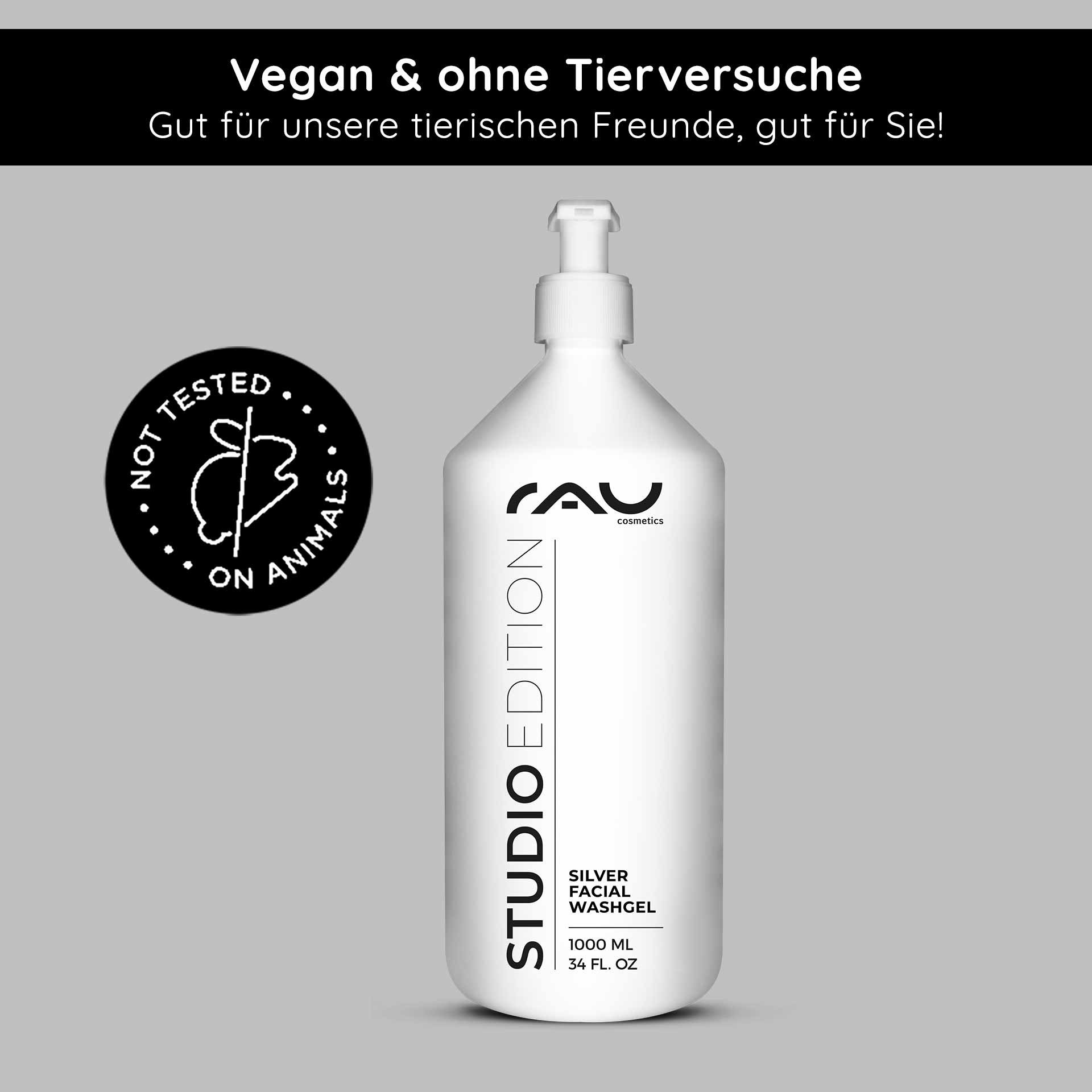 RAU Cosmetics Silver Facial Washgel in a 1000 ml bottle with pump dispenser, the inscription 'Studio Edition' and the cruelty-free logo 'Not Tested on Animals' emphasizes the vegan and animal-friendly properties.