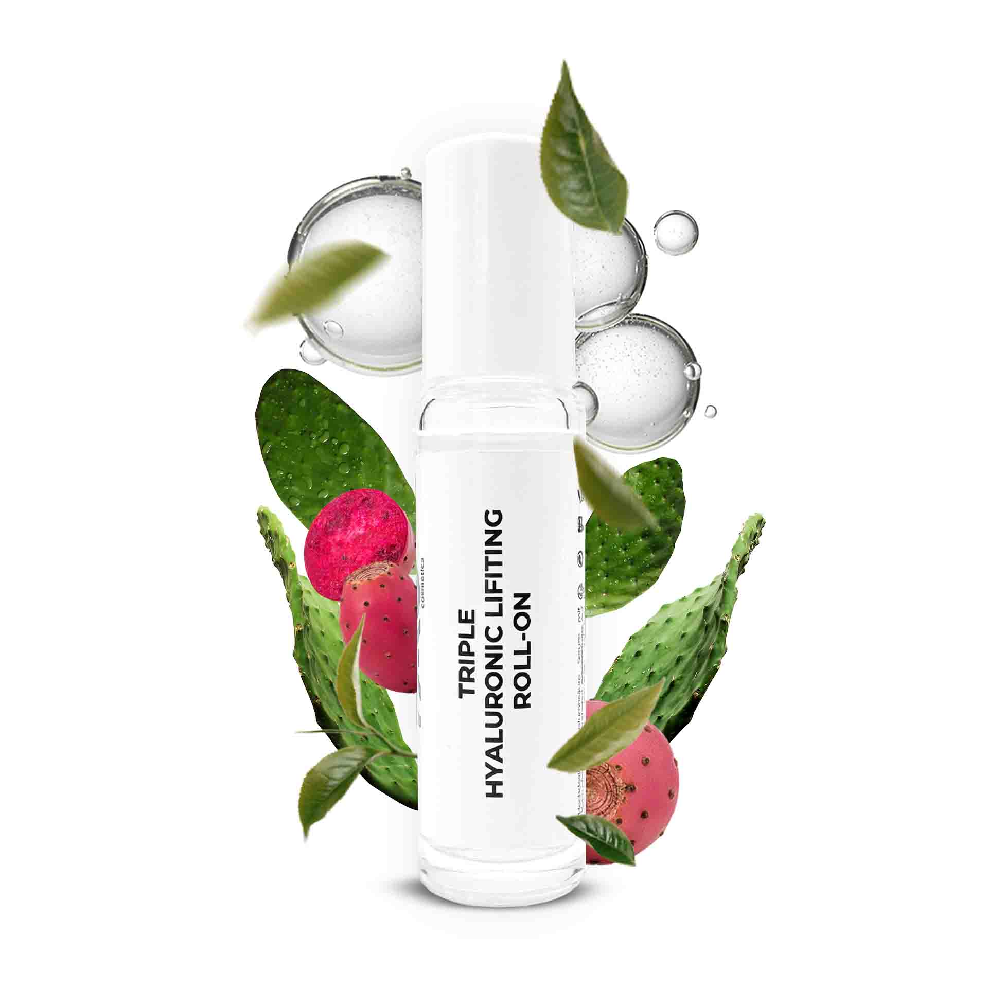 Ampollas de Higo chumbo 10x2 ml 3 veces Ácidos Hialurónicos Dreifach-Hyaluron-Lifting-Roll-On-Serum mit Kaktusextrakt und drei Hyaluronsäurearten, umgeben von grünen Blättern und rosa Kaktusfrüchten, für tiefe Feuchtigkeitsversorgung und Anti-Aging-Vorteile.