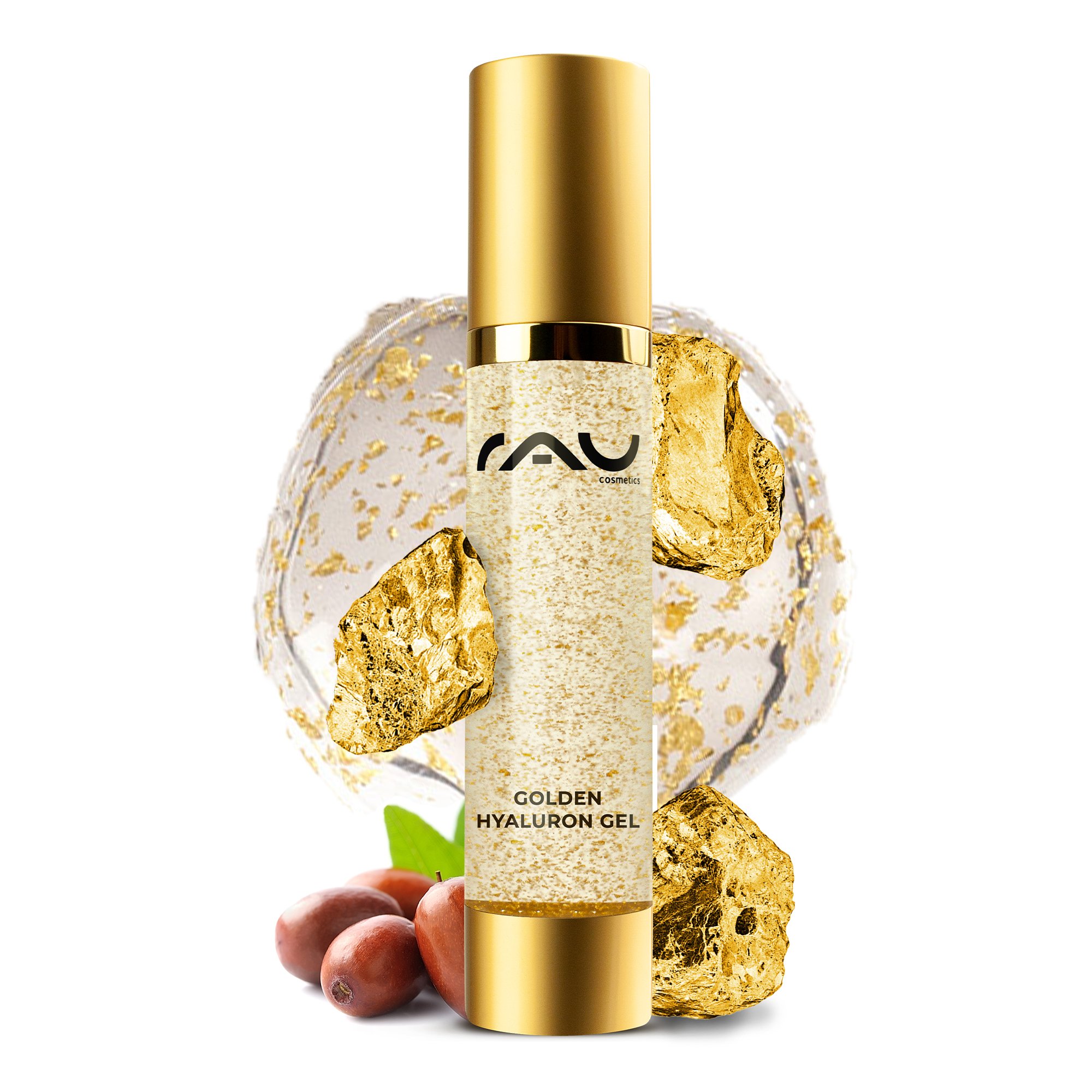RAU Cosmetics Golden Hyaluron Gel mit 23 Karat Gold, luxuriöse Anti-Aging-Formel, umgeben von Goldflocken und natürlichen Inhaltsstoffen, entwickelt für reife und trockene Hauttypen.
