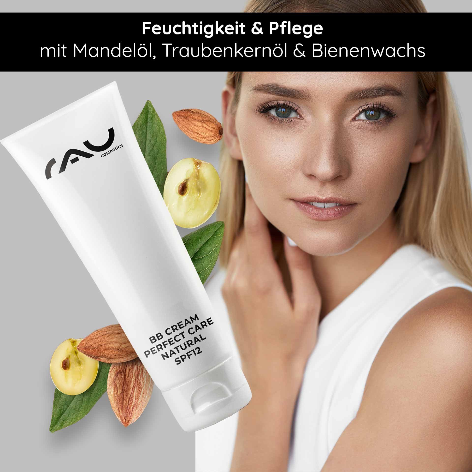 RAU Cosmetics BB Cream Perfect Care Natürliche Verpackung mit Mandel-, Traubenkernöl und Bienenwachs, daneben ein Model mit strahlendem Teint, das die Vorteile von Feuchtigkeit und Hautpflege betont.
