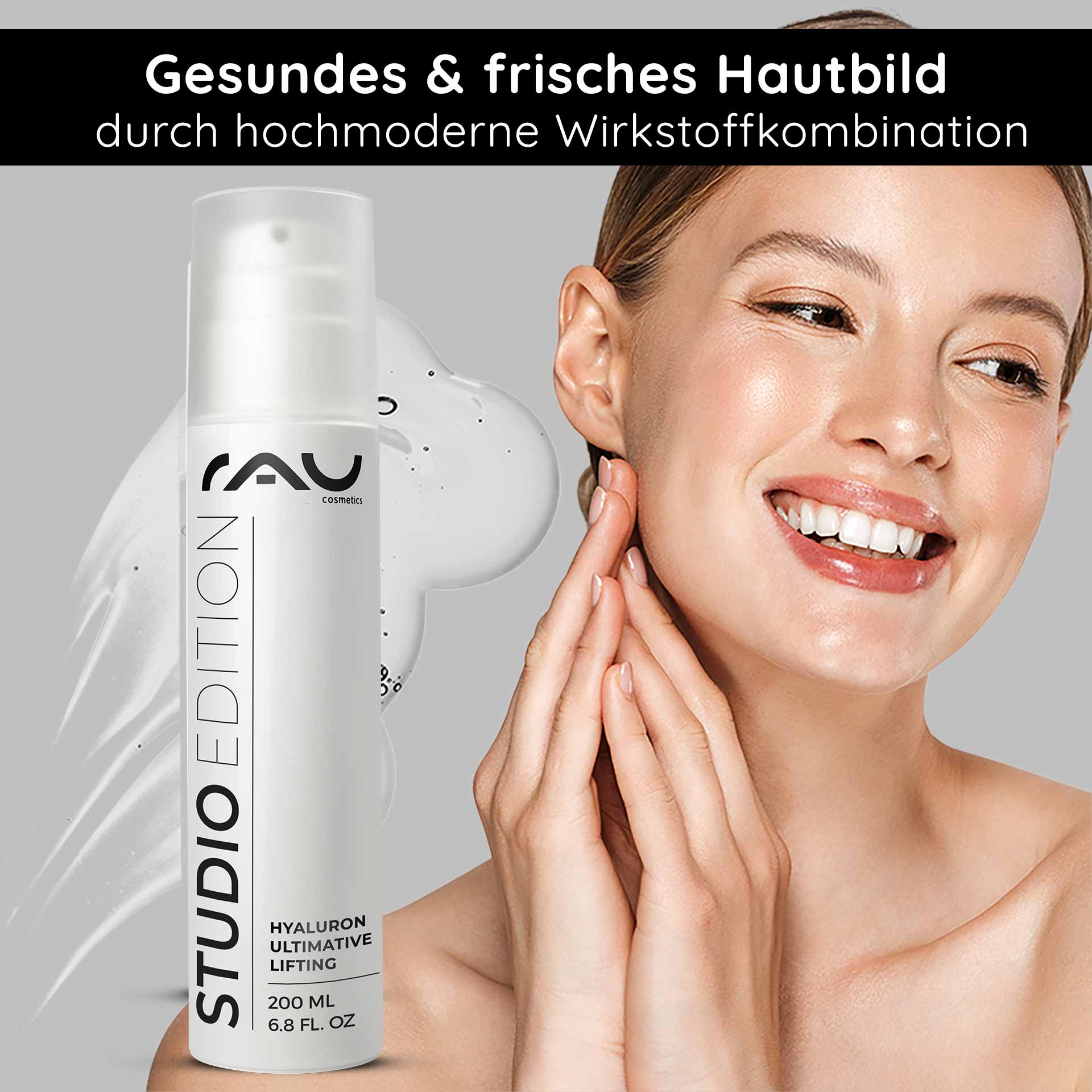 Hyaluron Ultimate Lifting 200 ml Gel de ácido hialurónico RAU Hyaluron Ultimative Lifting Gel in einer eleganten weißen Flasche, mit einer lächelnden Frau, die das Produkt auf ihr Gesicht aufträgt, um eine gesunde und frische Haut zu fördern und die Anti-Aging-Vorteile hervorzuheben.