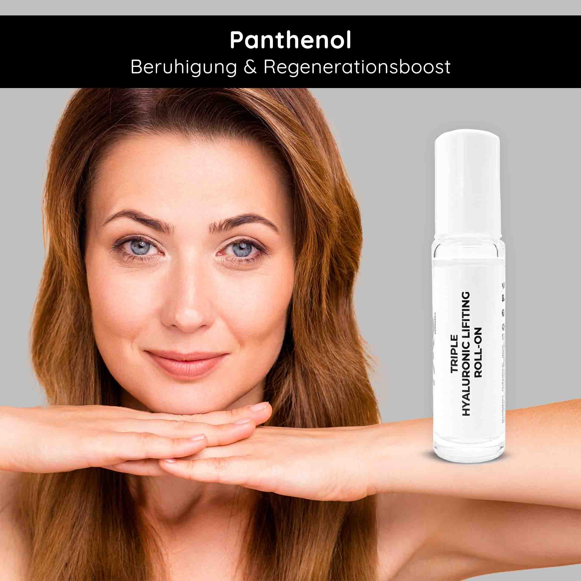 Frau mit sanftem Lächeln und glatter Haut, präsentiert das Triple Hyaluronic Lifting Roll-On Serum, betont mit Panthenol für Beruhigung und Regeneration.