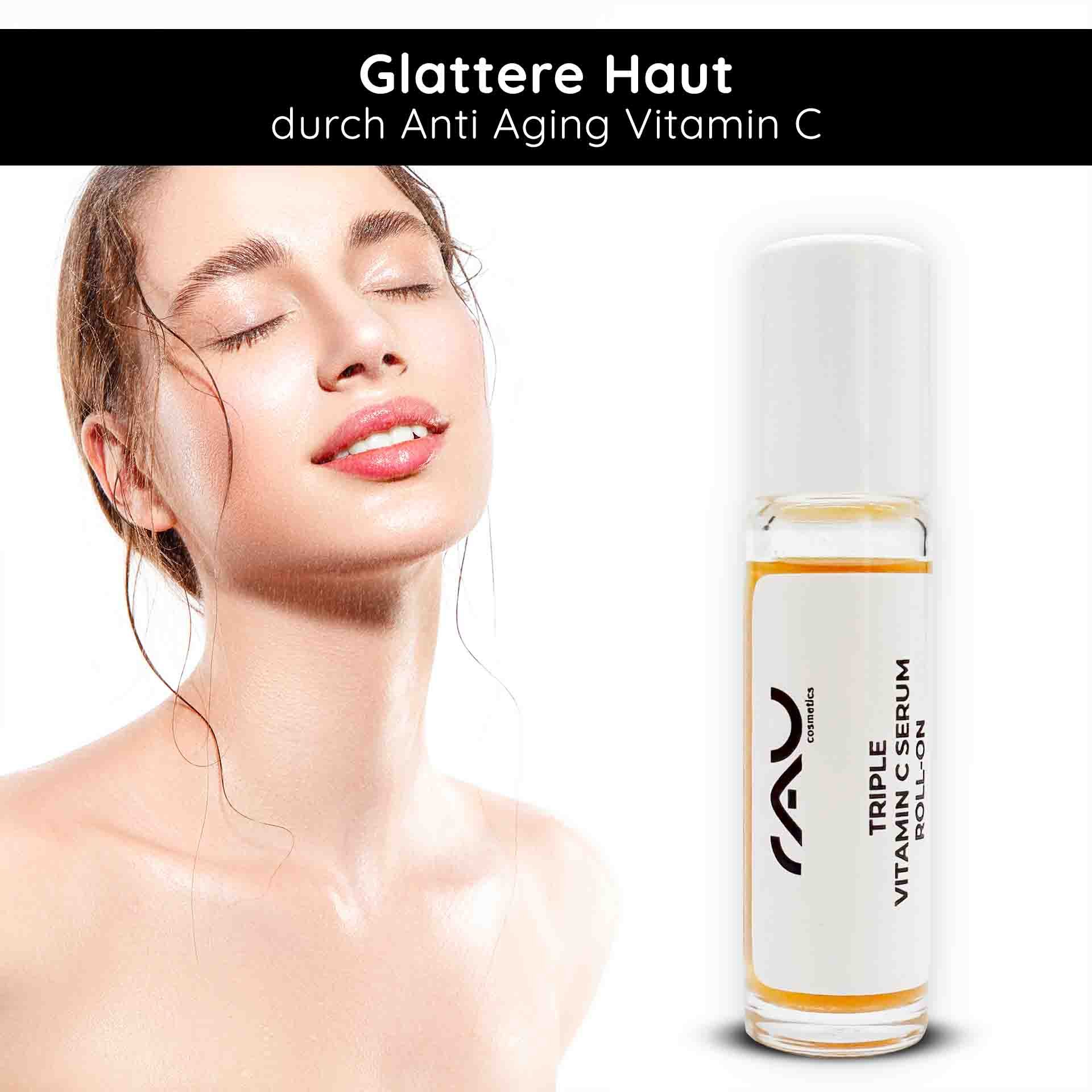Glattere Haut durch RAU Triple Vitamin C Serum Roll-On, strahlende Frau mit frischem Teint und feuchtigkeitsspendender Hautpflege.