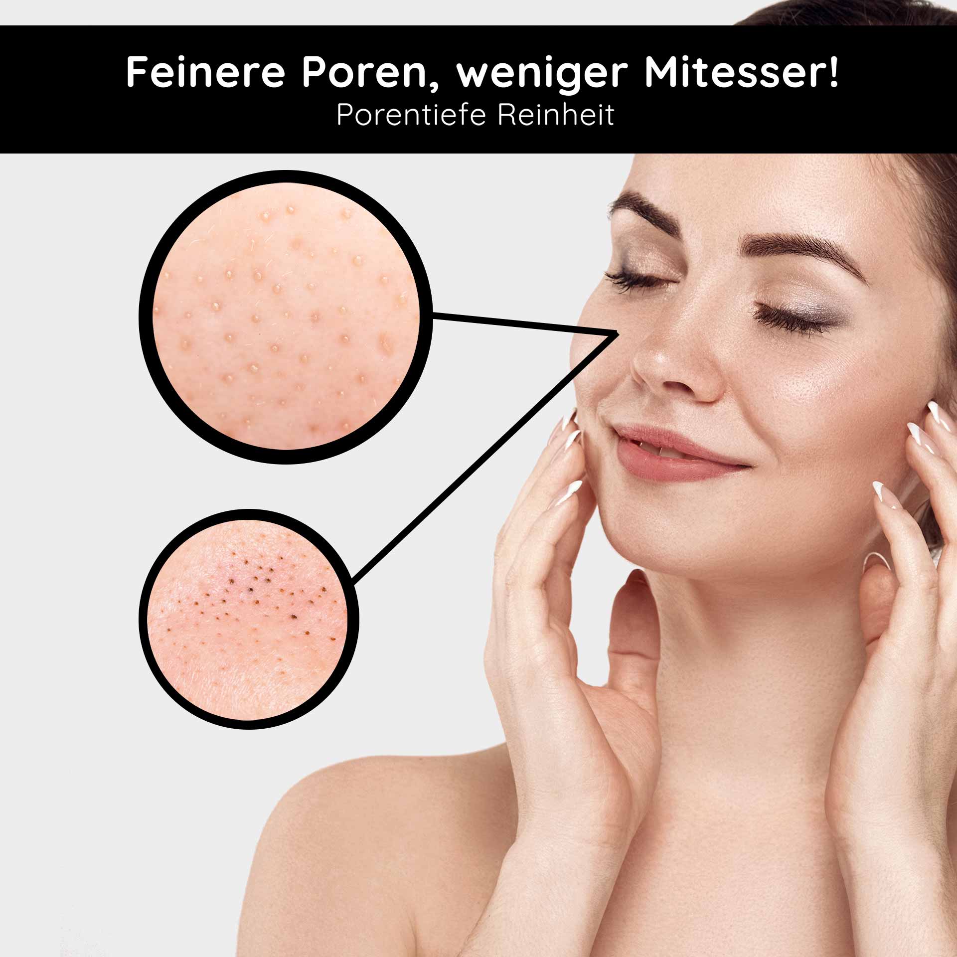 Deep Cleansing 2in1 200 ml 2in1 Facial Toner Frau mit sanfter Haut, die Gesichtspflege anwendet; vergrößerte Poren und Mitesser werden hervorgehoben, betont die Vorteile des RAU Cosmetics Deep Cleansing 2in1 Gesichtswassers.