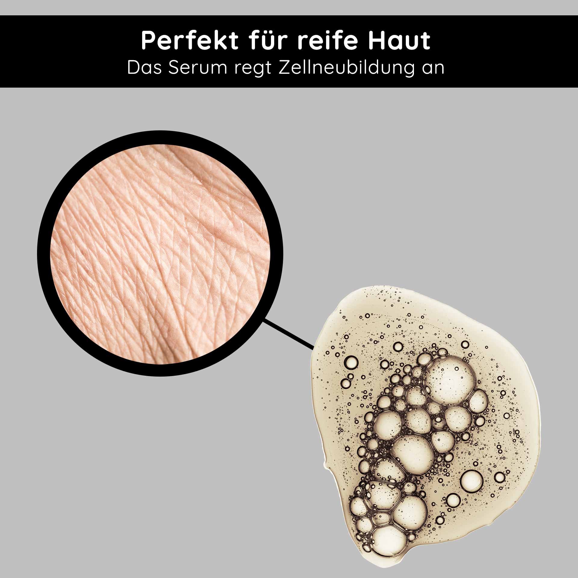 Perfektes Serum für reife Haut, angereichert mit feuchtigkeitsspendenden Blasen, zur Förderung der Zellneubildung und Hautregeneration.