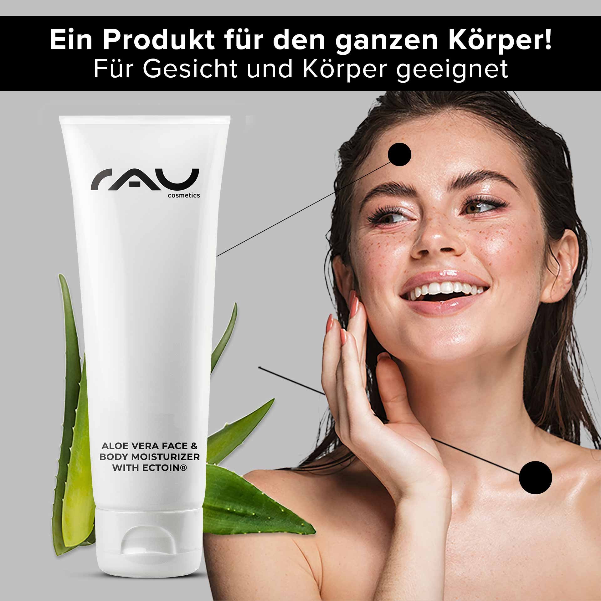 Aloe Vera face and body moisturizer with Ectoin® tube next to a smiling woman applying moisturizer to her face, highlighting the benefits of hydration for all skin types.