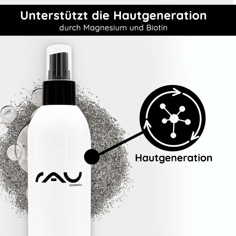 Magnesium Active Body Oil von RAU Cosmetics in einer eleganten weißen Flasche mit einem Text, der die Vorteile von Magnesium und Biotin für die Hautregeneration hervorhebt, vor einem strukturierten Hintergrund.