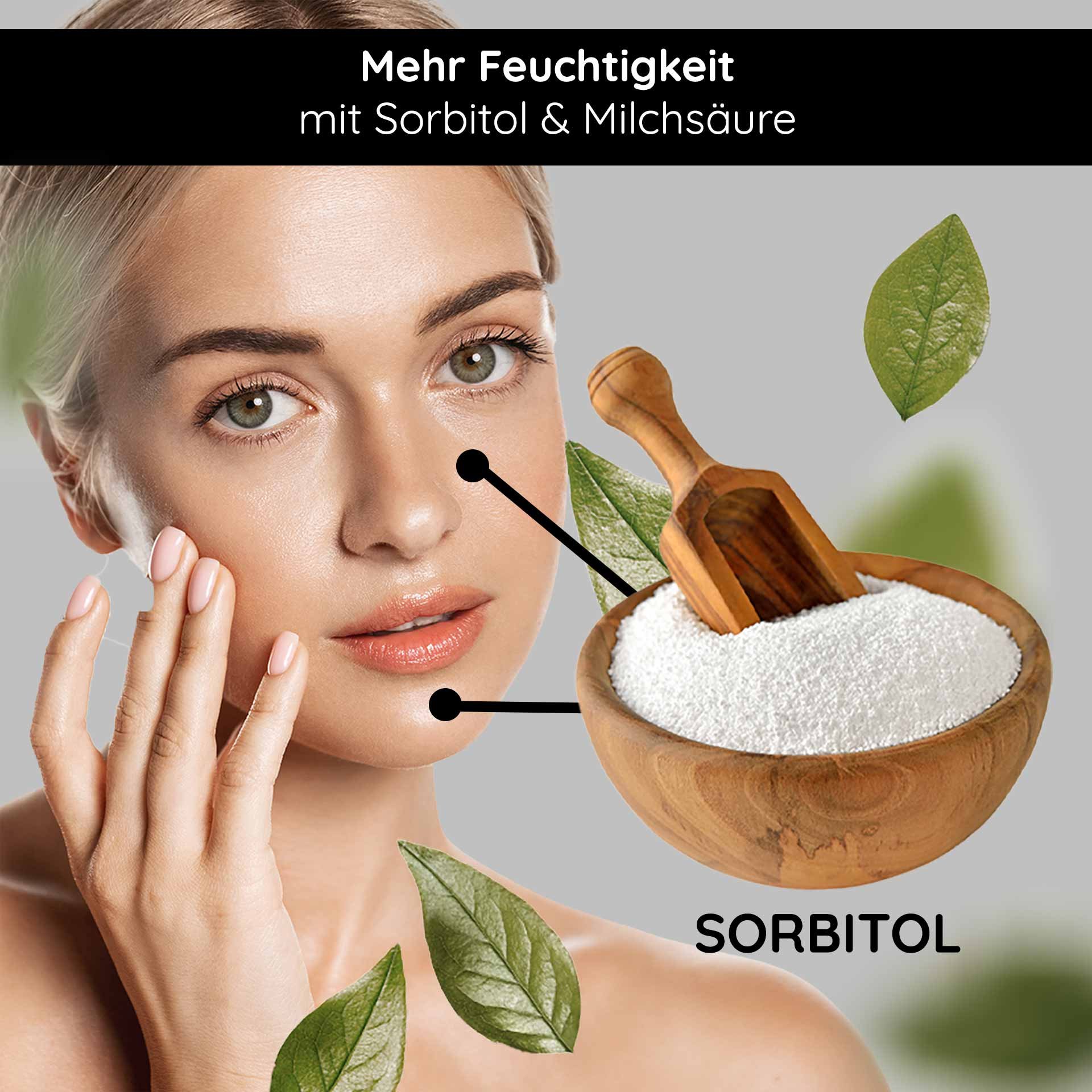 Woman with radiant skin and sorbitol, surrounded by leaves, emphasizing the moisturizing properties of the RAU Cosmetics Calming & Repair mask.