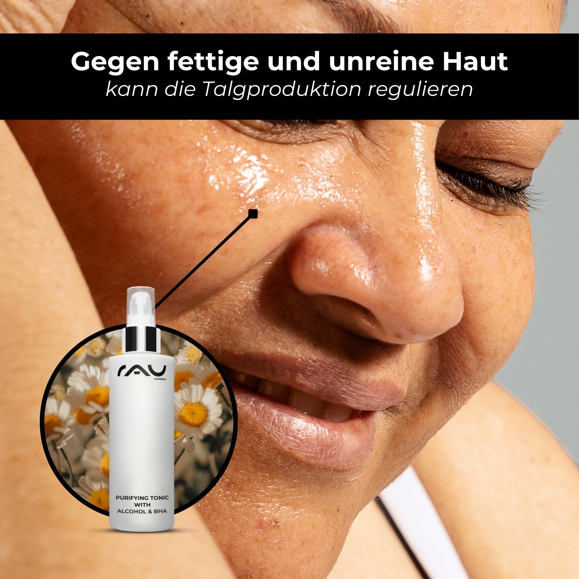 Mujer satisfecha con un cutis uniforme gracias al efecto purificante del Purifying Tonic.