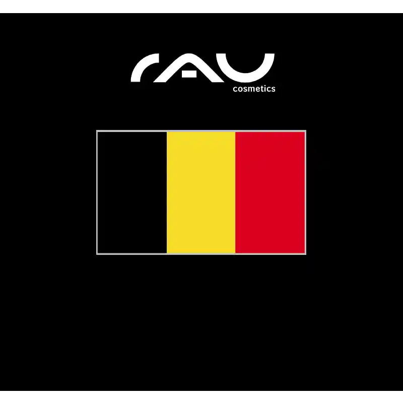 RAU_Cosmetics-belgien Das RAU Cosmetics-Logo über der belgischen Flagge steht für die Produktverfügbarkeit in Belgien.